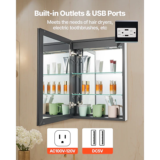 HONGGE Lighted Medicine Cabinet with Mirror Recessed or Wall Mount 3 Color Dimmable LED Bathroom Medicine Cabinet with