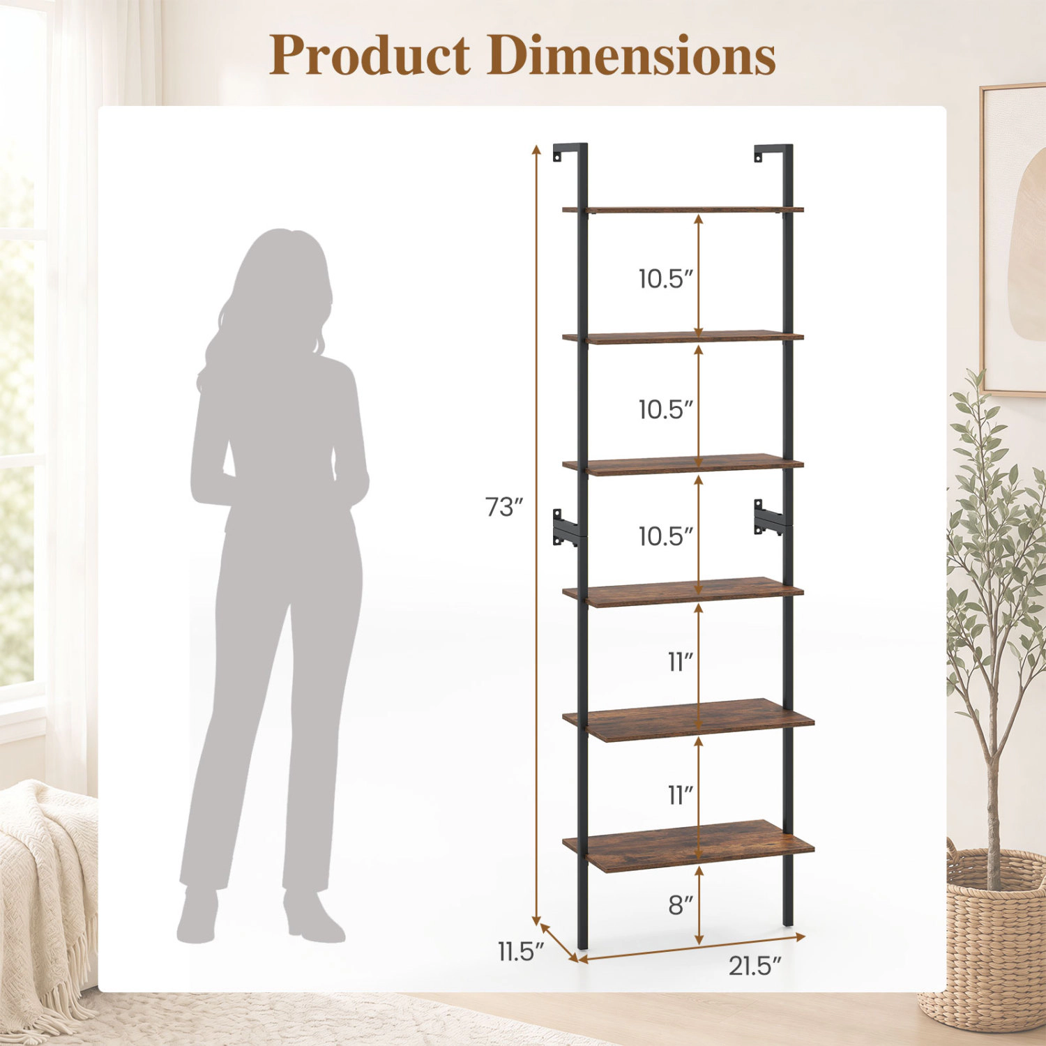 LJG 6-Tier Freestanding Ladder Storage Bookshelf with Metal Frame for Study and Pantry