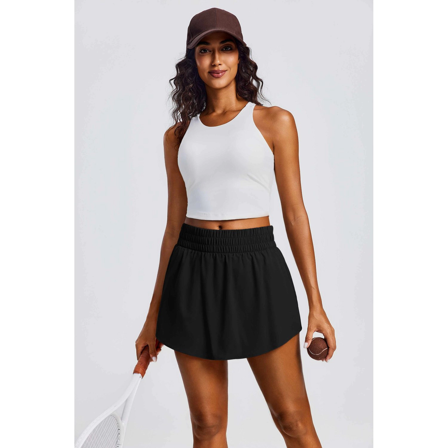 Pinspark Womens High Waist A-Line Tennis Skirt Solid Elastic Flowy Mini Skirts
