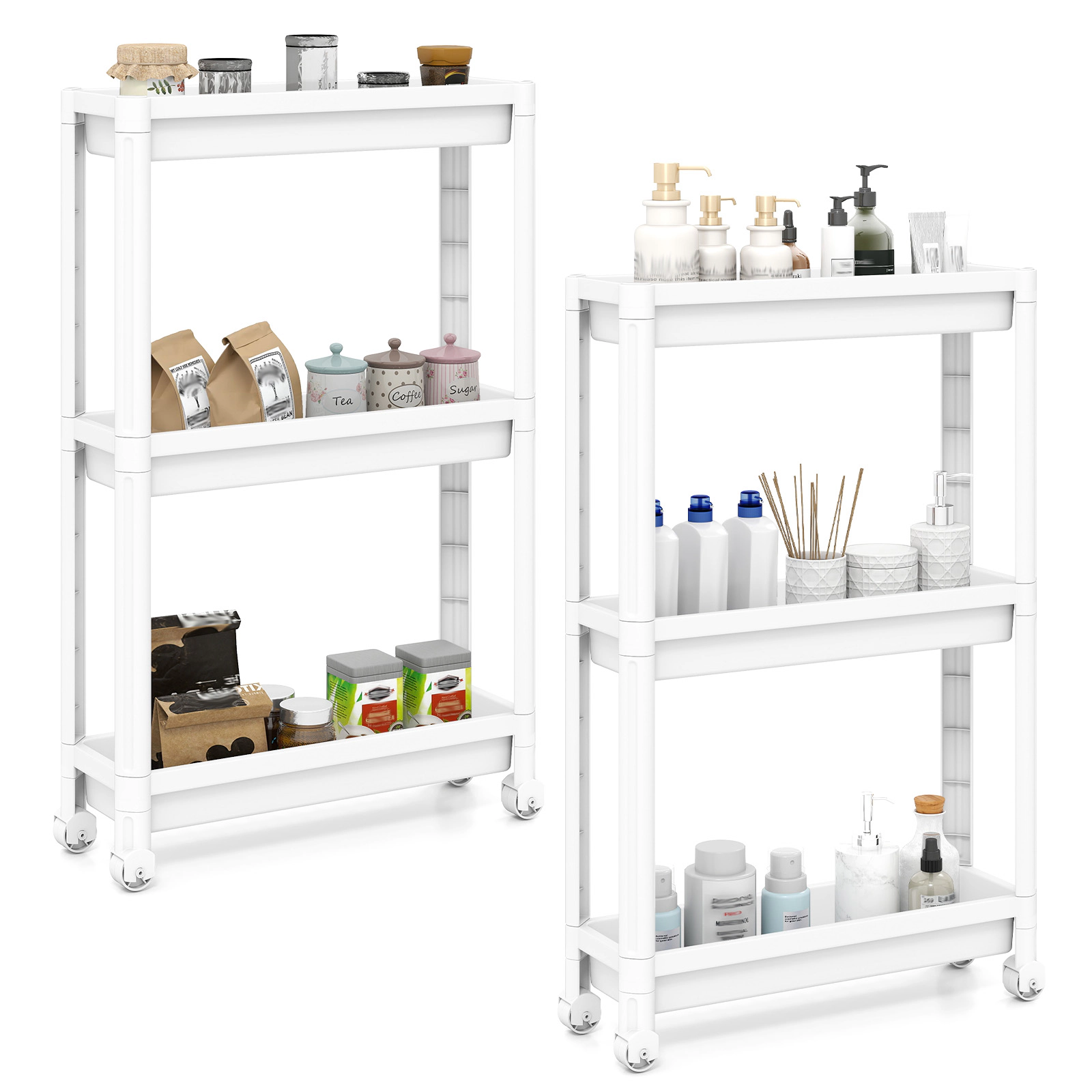 SUGIFT Set of 2 White 3-Tier Slim Rolling Storage Cart 7-in Under Sink Organizer for Bathroom and Kitchen