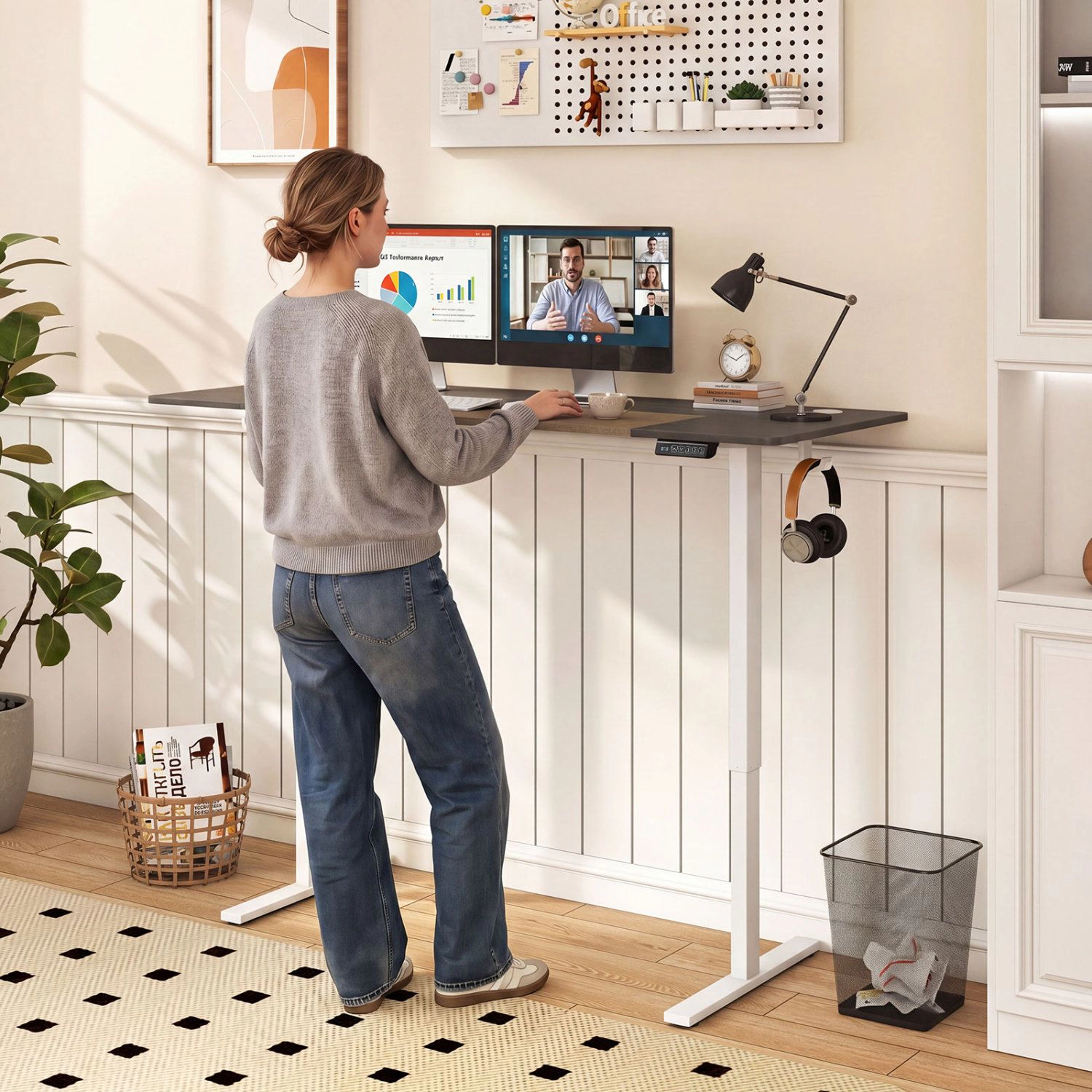 SlickBlue Height Adjustable Standing Desk with Quiet Motor and Hooks