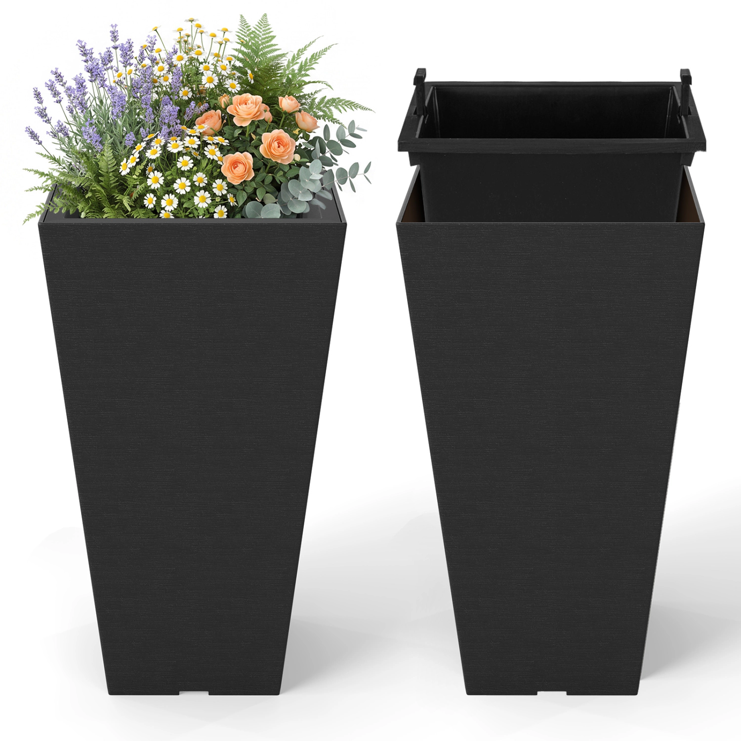 LJG Set of 2 Square Taper Planter with Removable Inner Bucket and Optional Drainage Hole