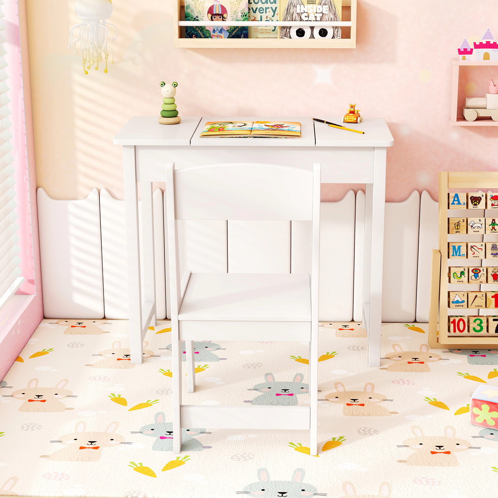 SUGIFT White Flip Top Mirror 2-in-1 Kids Vanity Makeup Table and Chair Set
