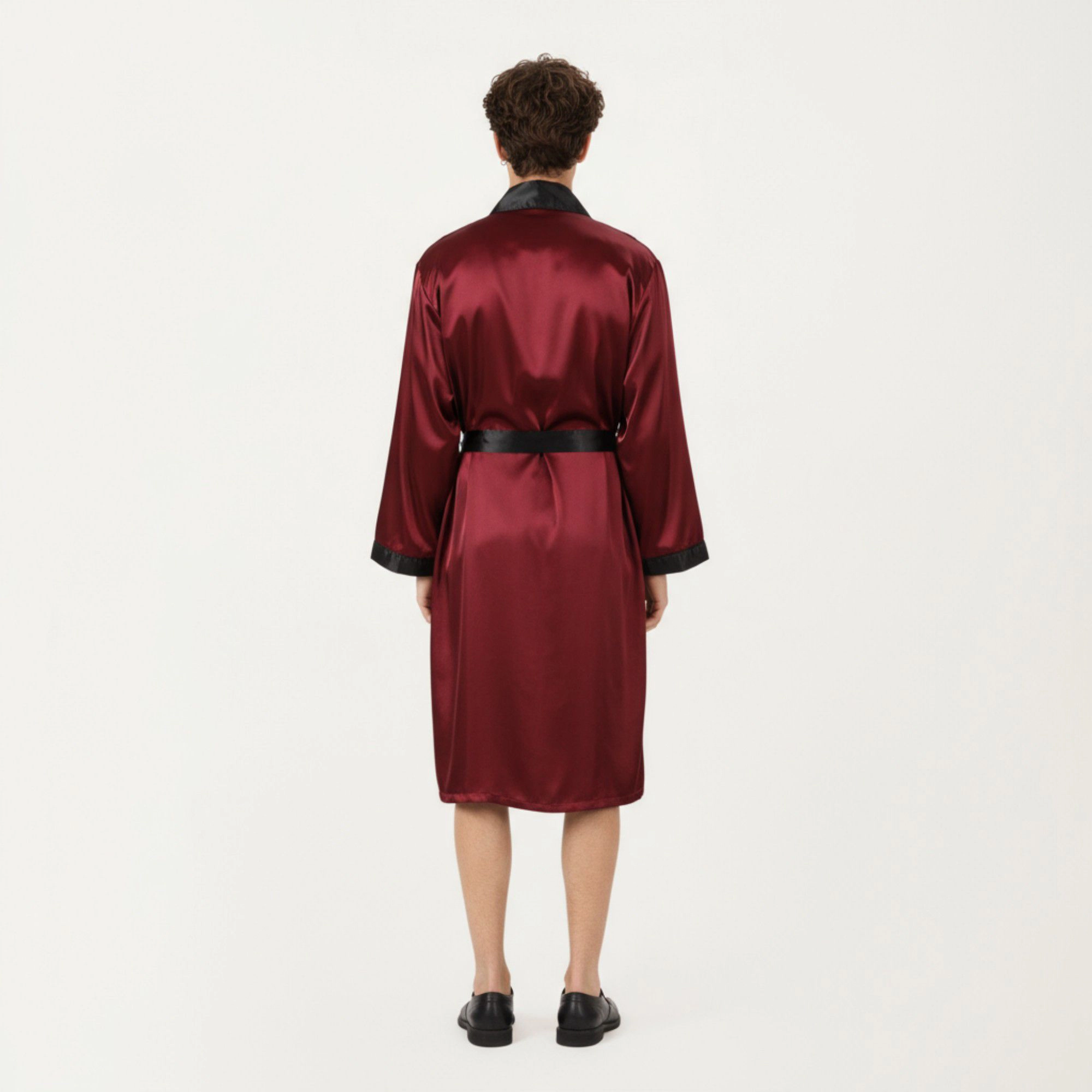 Anna-Kaci Men's Satin Robe with Contrast Shawl Collar Waist Tie and Front Pockets