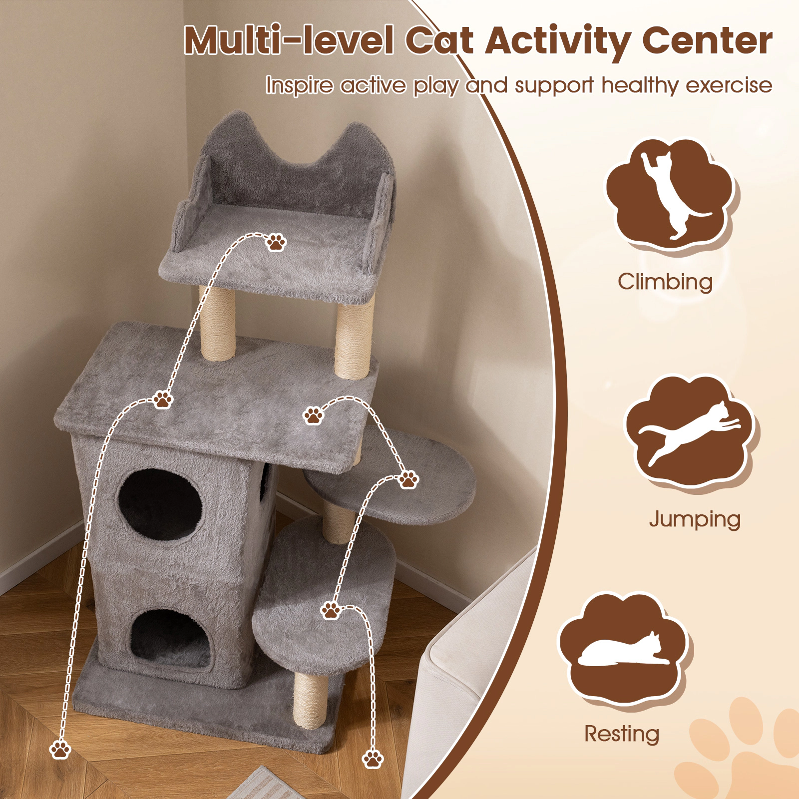 SUGIFT 48.5-in Gray Multi-Level Cat Tree for Large Cats with 2-Story Condo 3 Caves and Sisal Posts