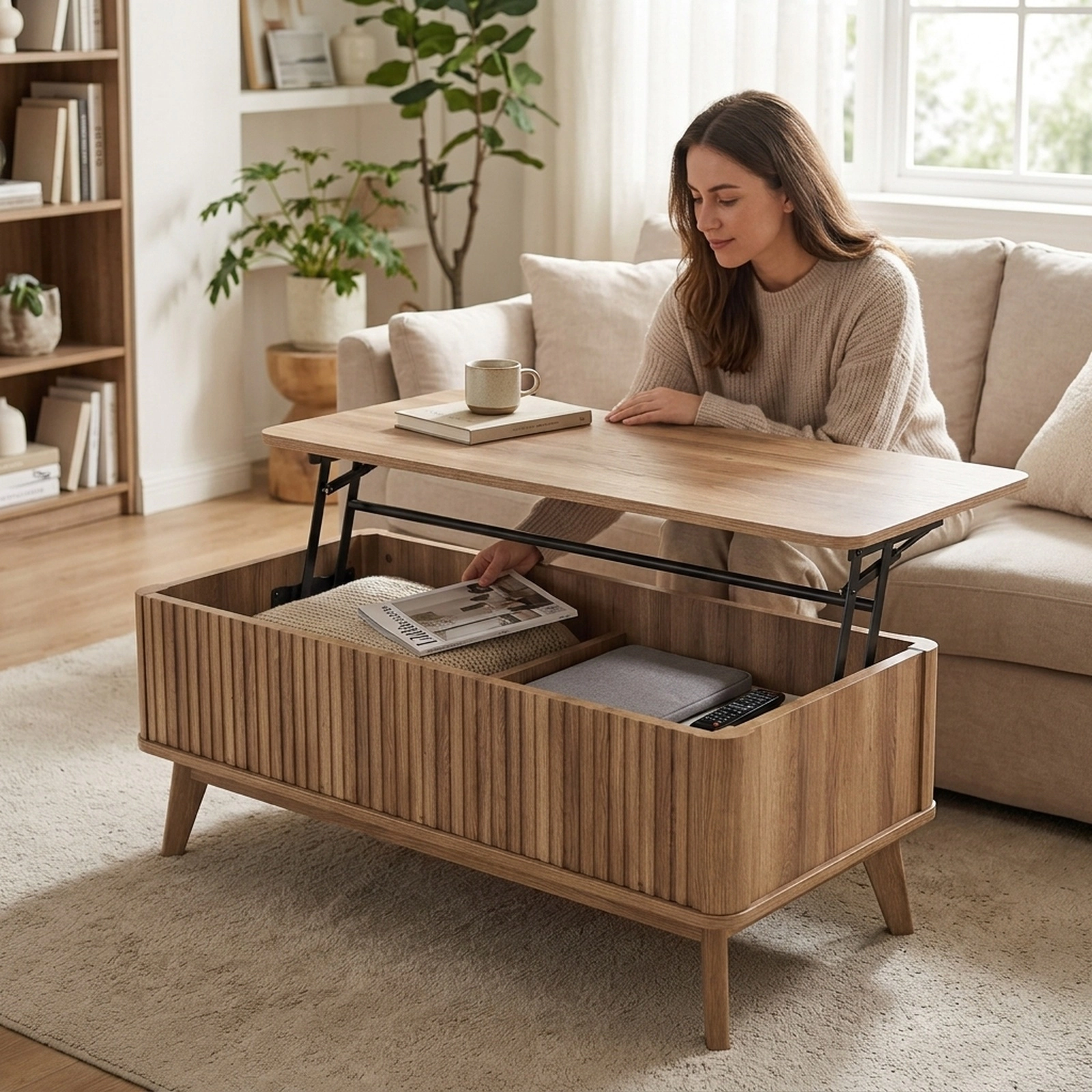 SUGIFT Rectangle Wooden Fluted Lift Top Coffee Table 200-lb Tabletop Capacity Hidden Storage Compartments Walnut