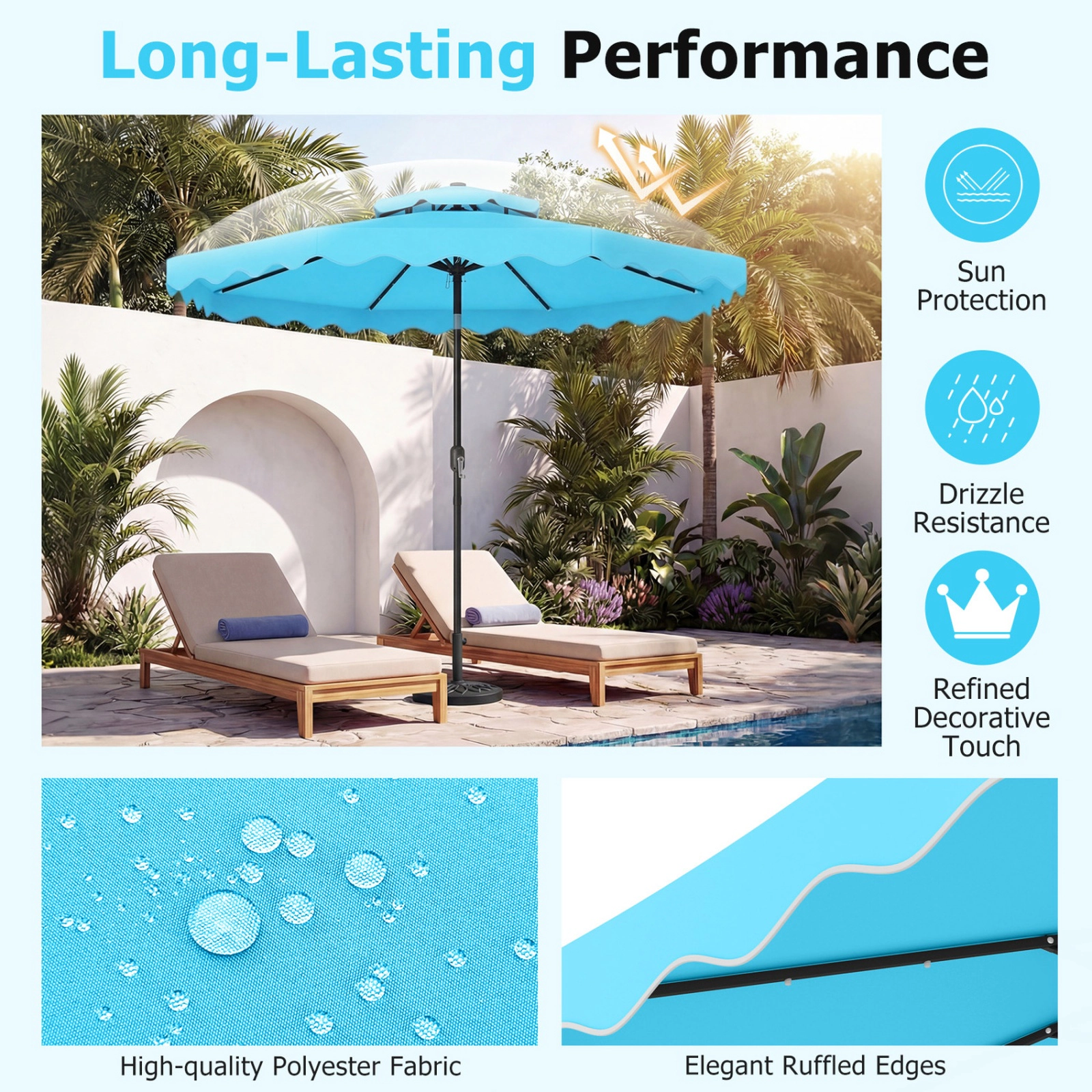SUGIFT 9 ft Solar LED Patio Umbrella with 24 Lights Crank Lift and 8 Ribs