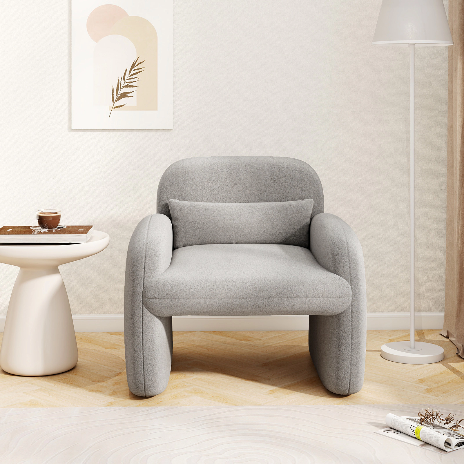 SUGIFT Modern Gray Sherpa Accent Chair, Oversized Armchair with 23-in Seat and Lumbar Pillow