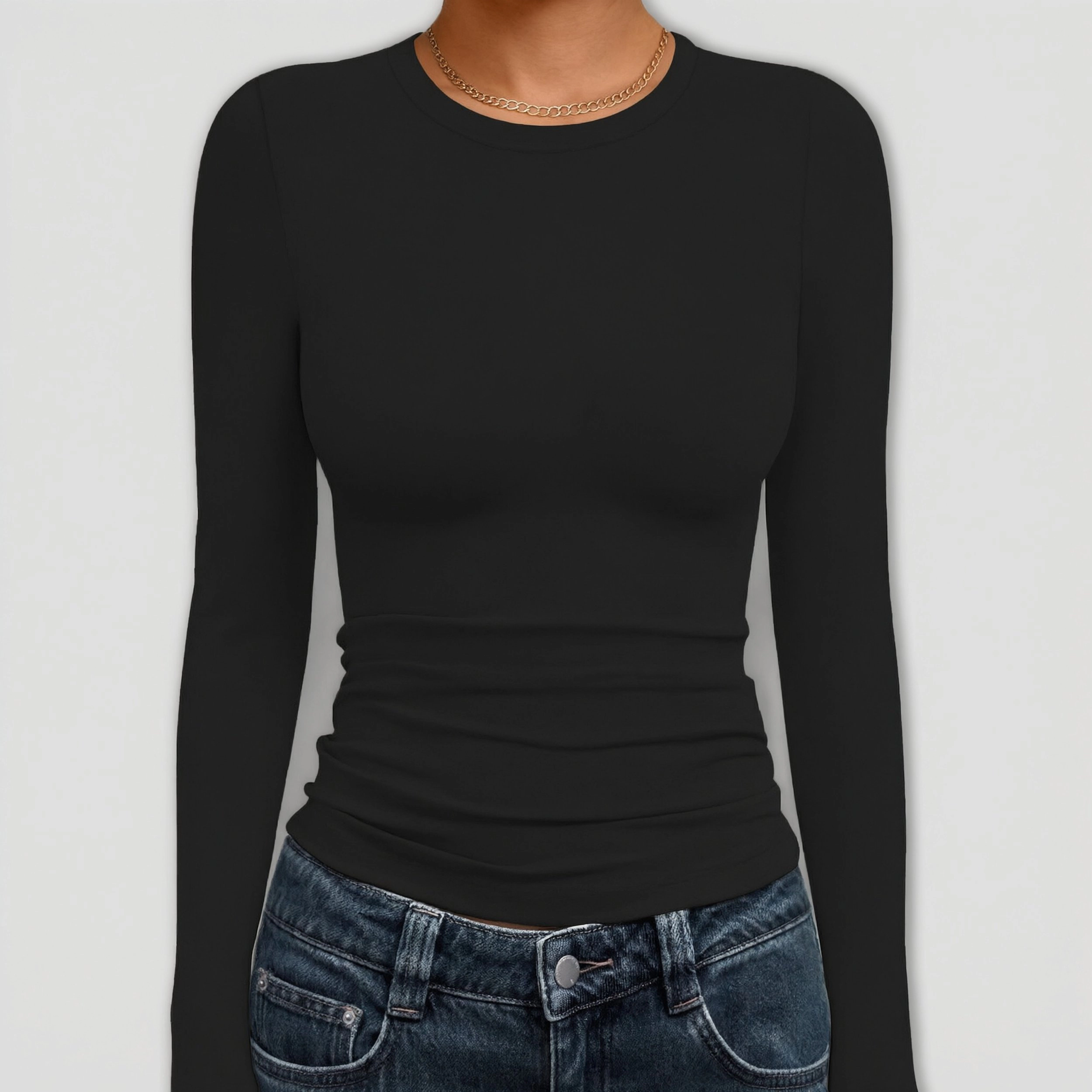 Ekouaer Slim Fit Basic Tops Underwear Shirts with Side Shirring Fashion Long Sleeve Outfit Wear