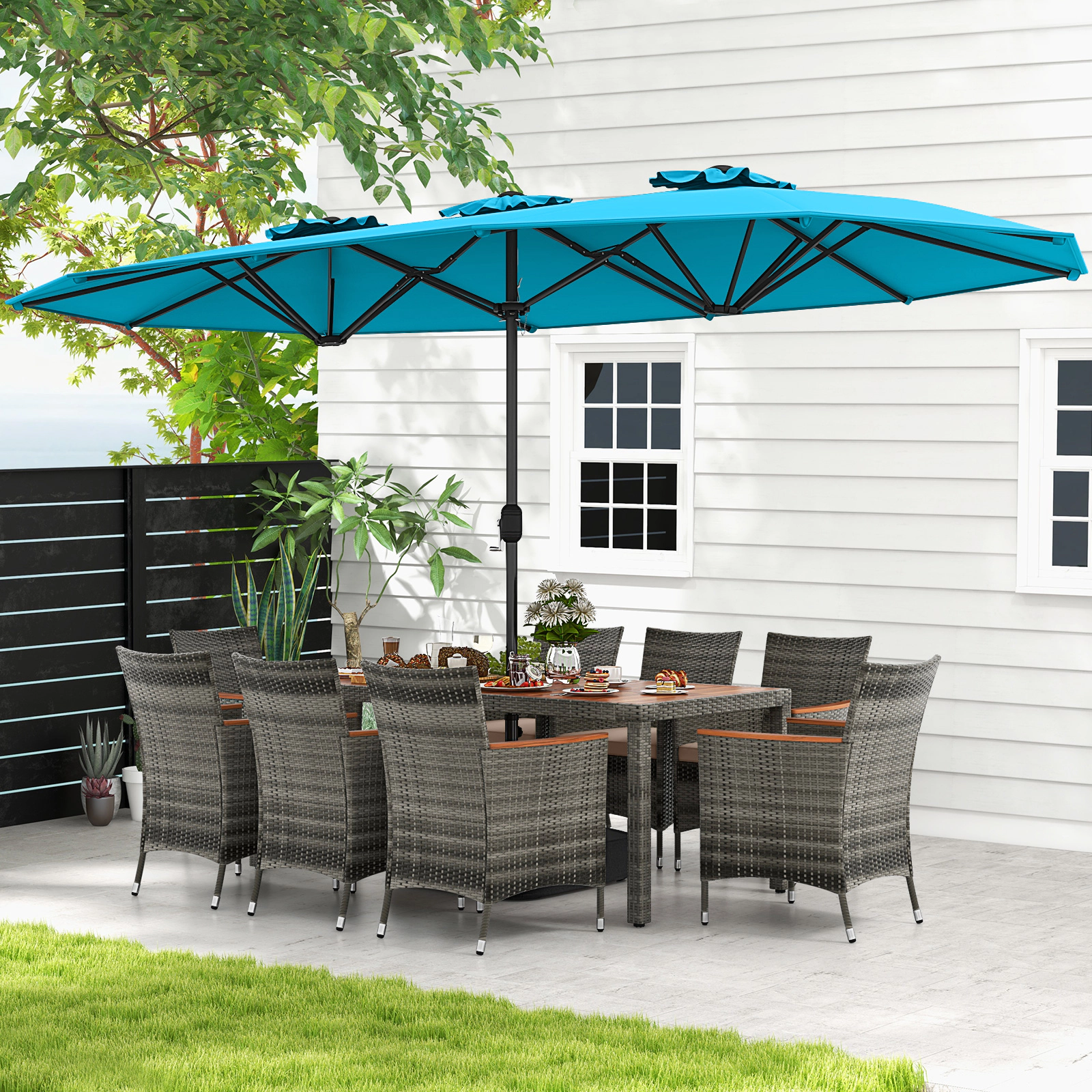 SUGIFT 10-Piece Turquoise Outdoor Wicker Dining Set, 75-In Acacia Table, 15-Ft Double-Sided Umbrella