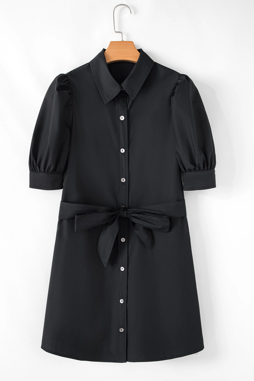 Threaded Pear Women's Malaya Button Up Tie Waist Puff Sleeve Mini Dress