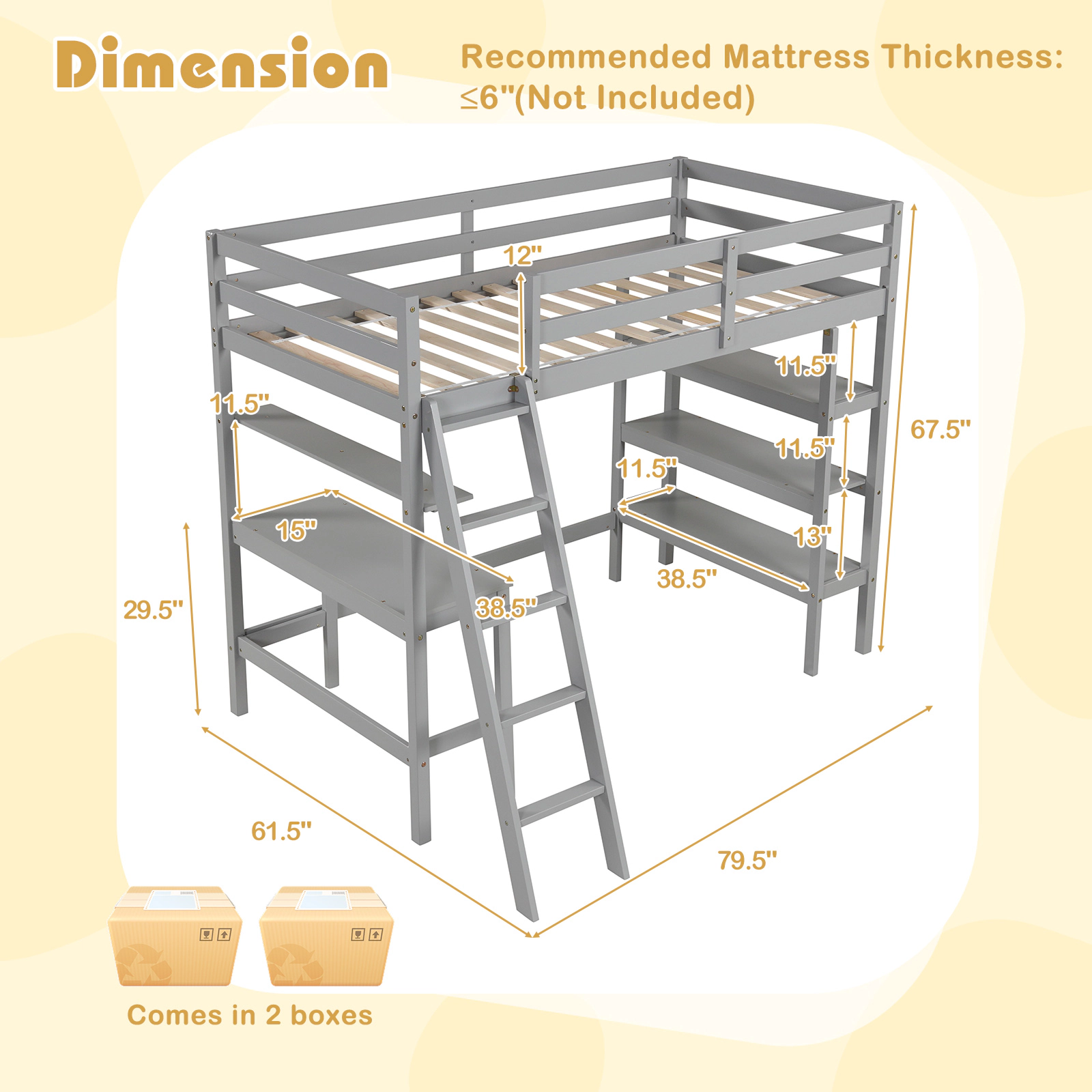 SUGIFT Gray Desk and Bookshelves Twin Size Kids and Teens Loft Bed