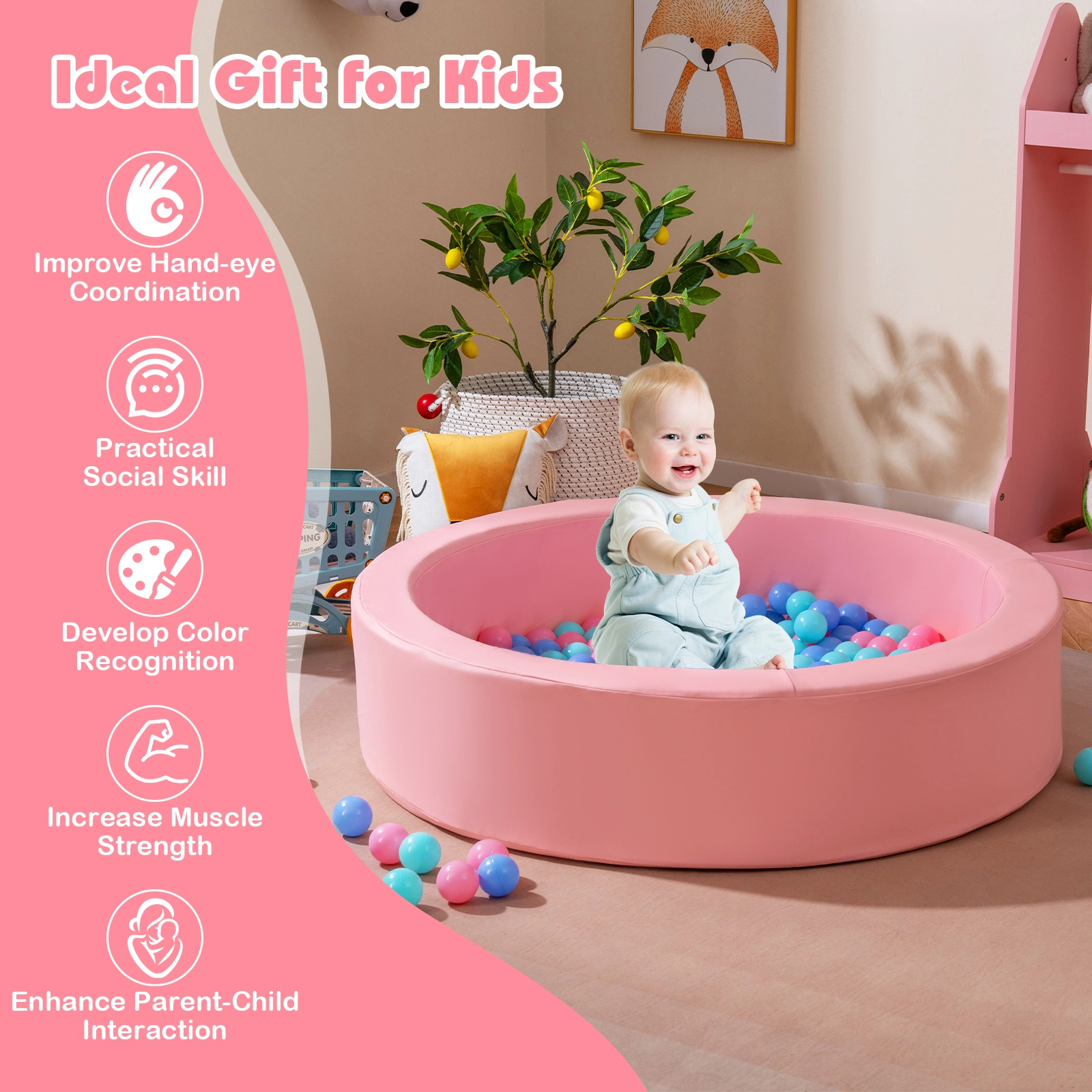 SUGIFT 25D Sponge Round Foam Climber Ball Pit Washable PU Cover 41.5-in Diameter Ages 3+ with 200 Spheres Pink & Gray