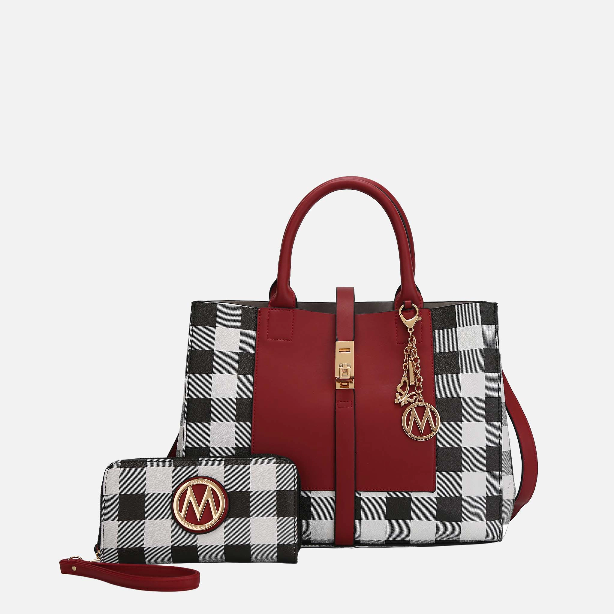 MKF Collection by Mia K Yuliana Checkered Vegan Leather Satchel with Matching Wallet - Red