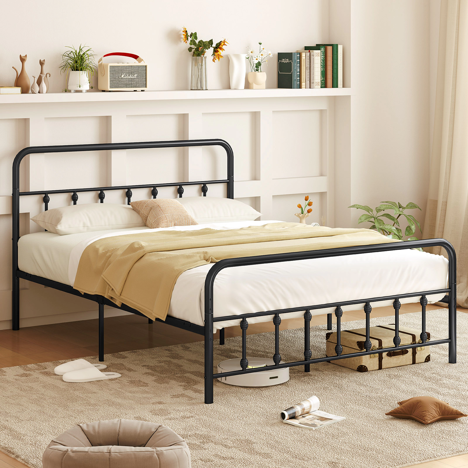 SUGIFT Queen Metal Platform Bed Frame with Victorian Headboard, Footboard and 12.5-in Storage