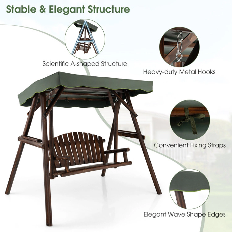 Hivvago 2-Person Outdoor Wooden Porch Swing With An Adjustable Canopy