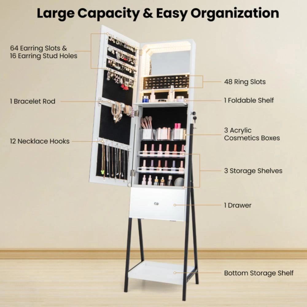 Hivvago Lockable Freestanding Jewelry Organizer with Full-Length Frameless Mirror