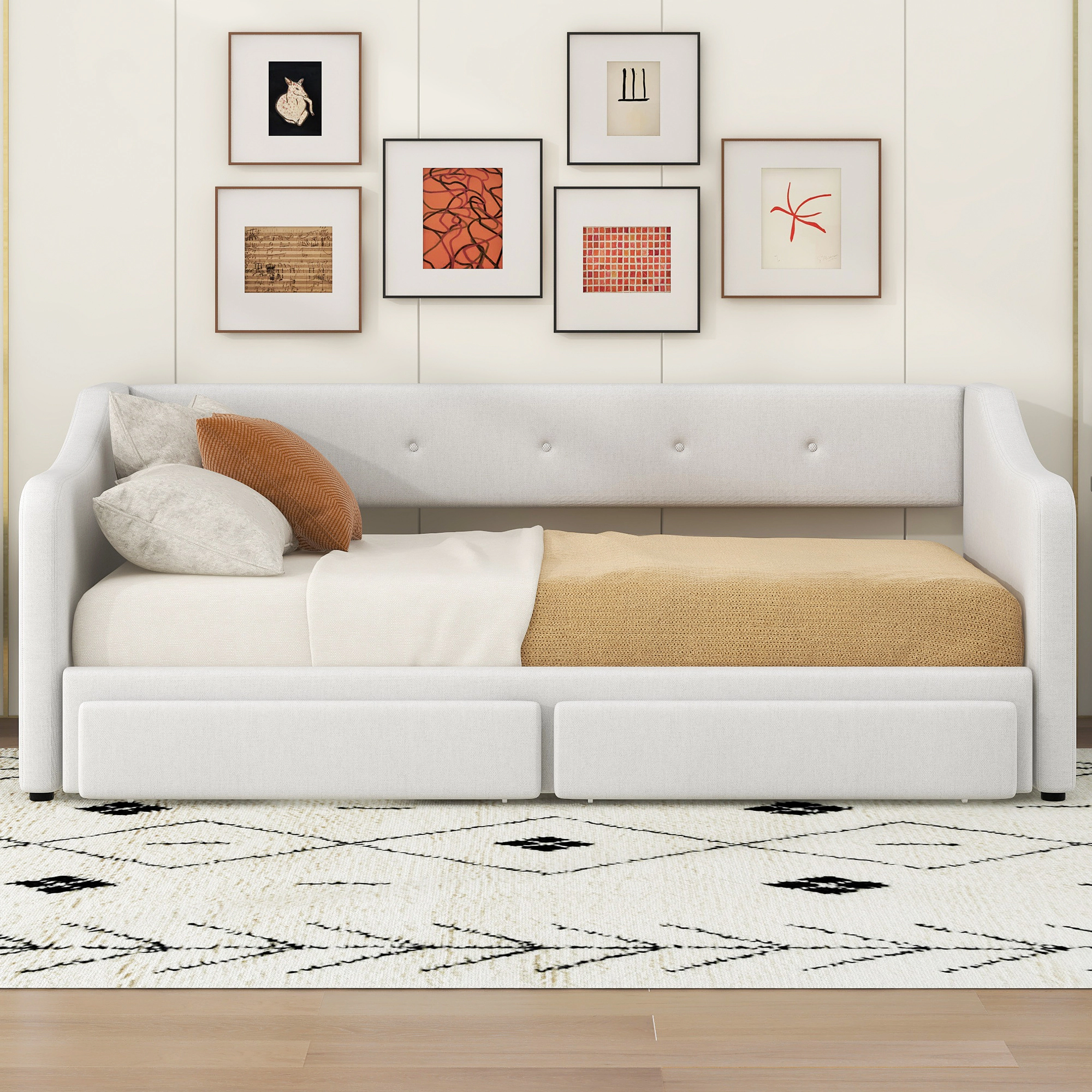 Flynama Twin XL–King Upholstered Daybed with Two Drawers, Beige