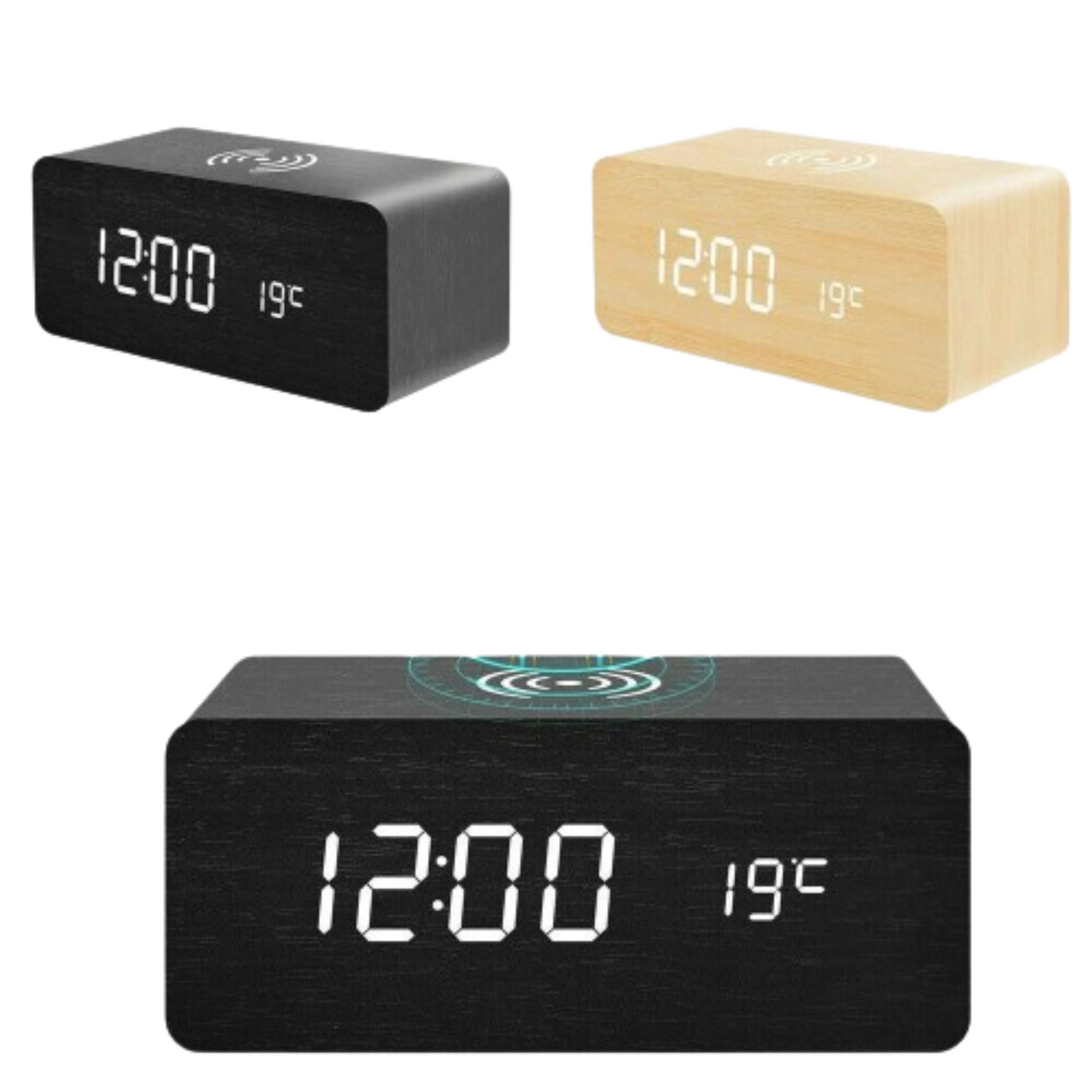 Home Collection Wooden LED Alarm Clock with Qi Wireless Charger & Thermometer