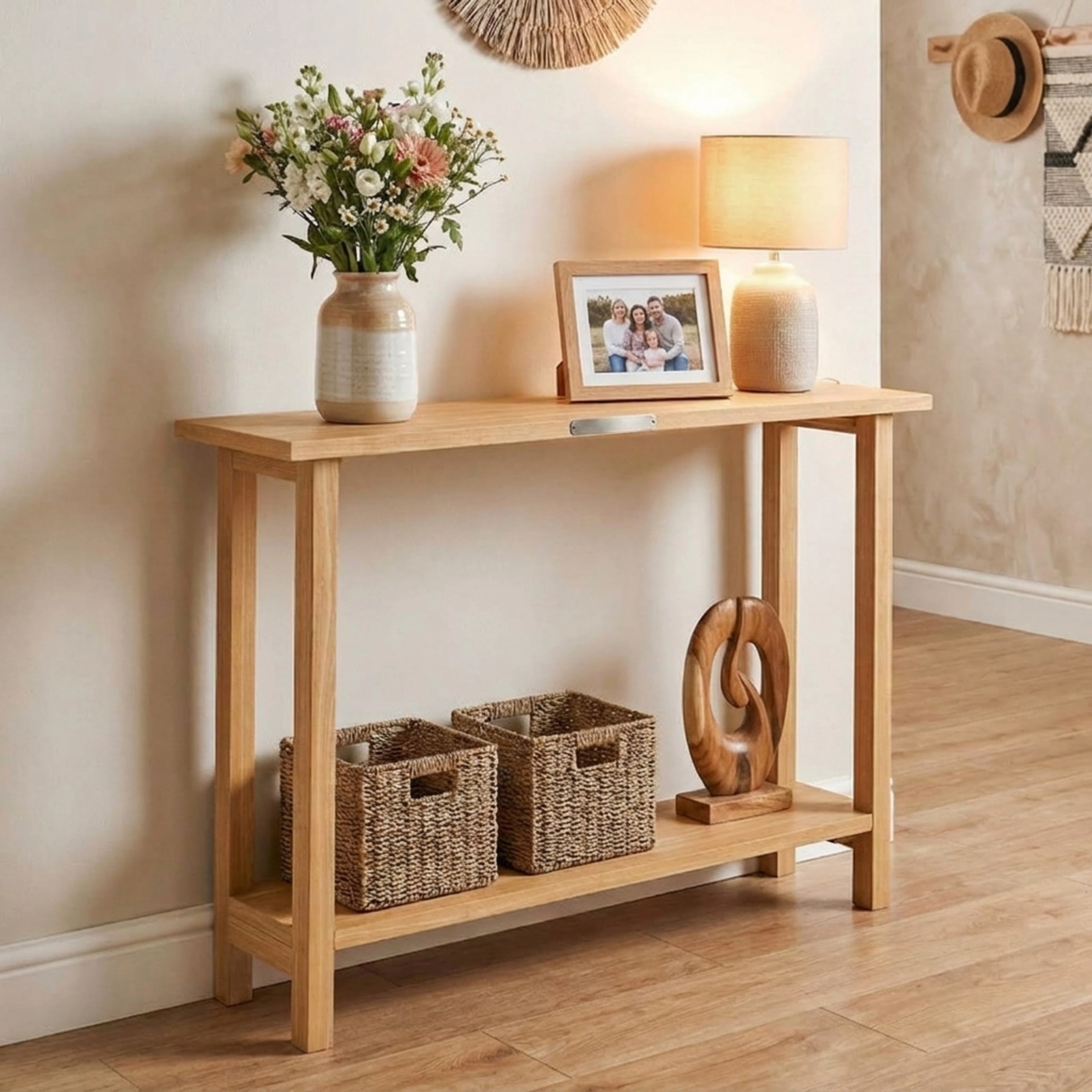 SUGIFT 47-in Teak Wood Console Table with 1-in Thick Top 44-lb Tabletop Capacity 2-Tier Storage Shelf Natural