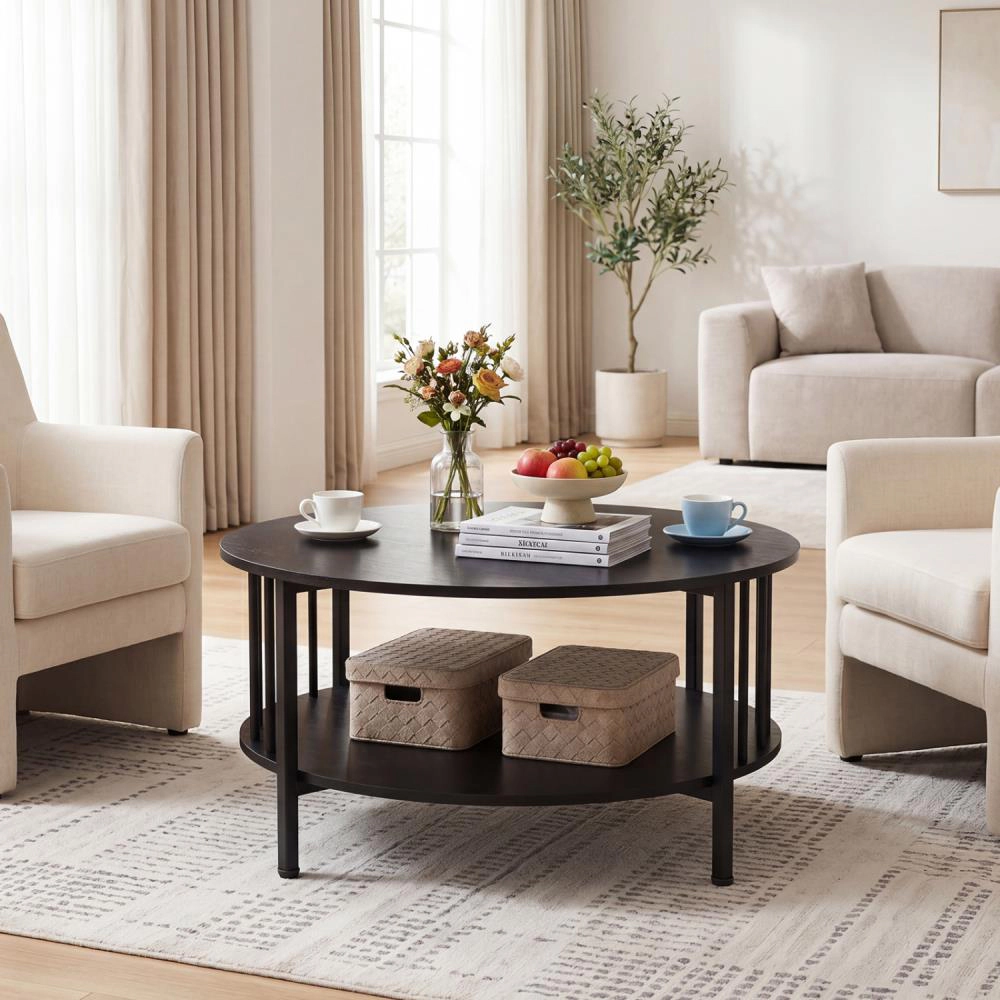 Hivvago 2-Tier Round Coffee Table With Storage Shelf And Metal Accents