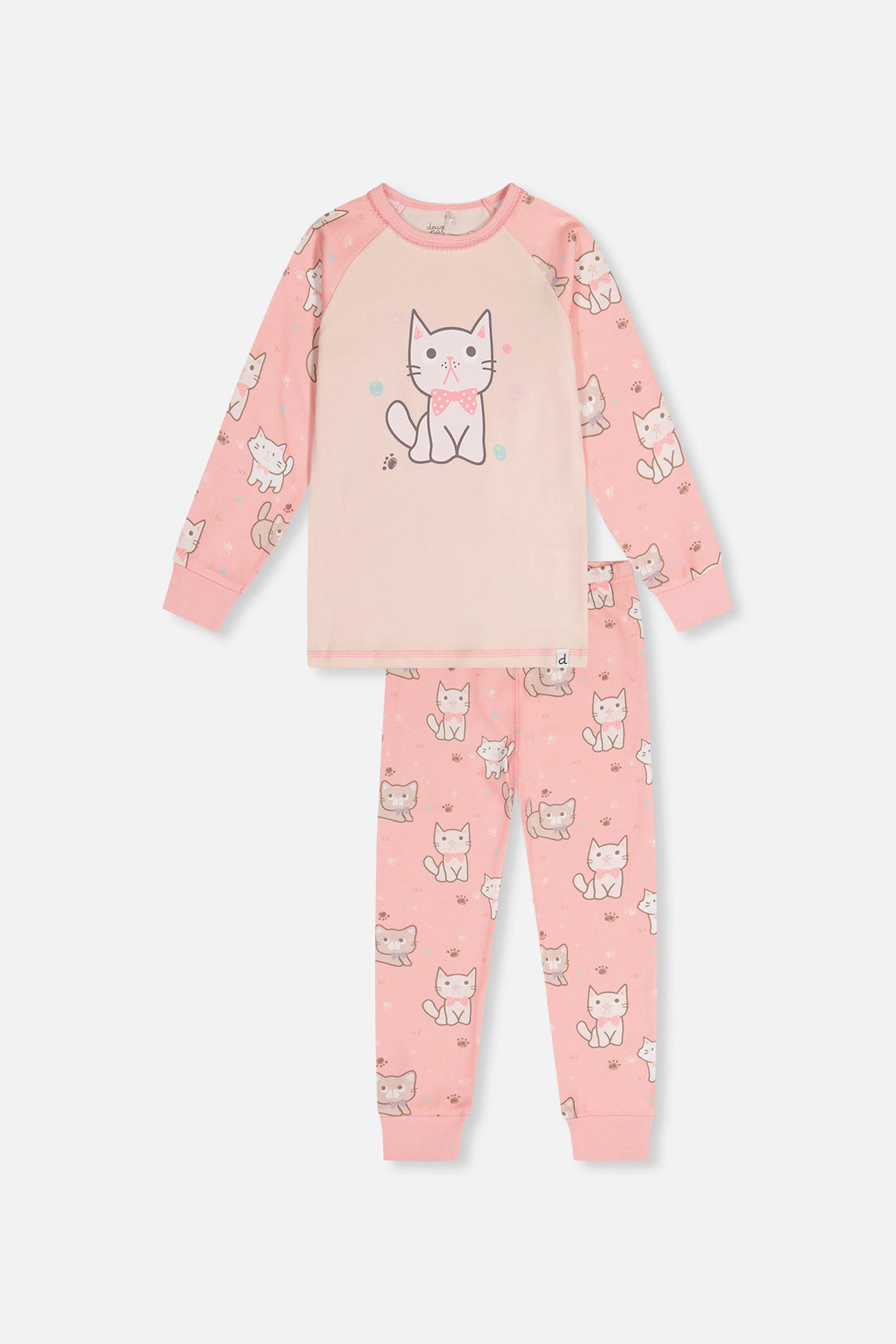 Deux par Girls Organic Cotton Cat Print Two Piece Pajama Set with Raglan Sleeve Top and Pants