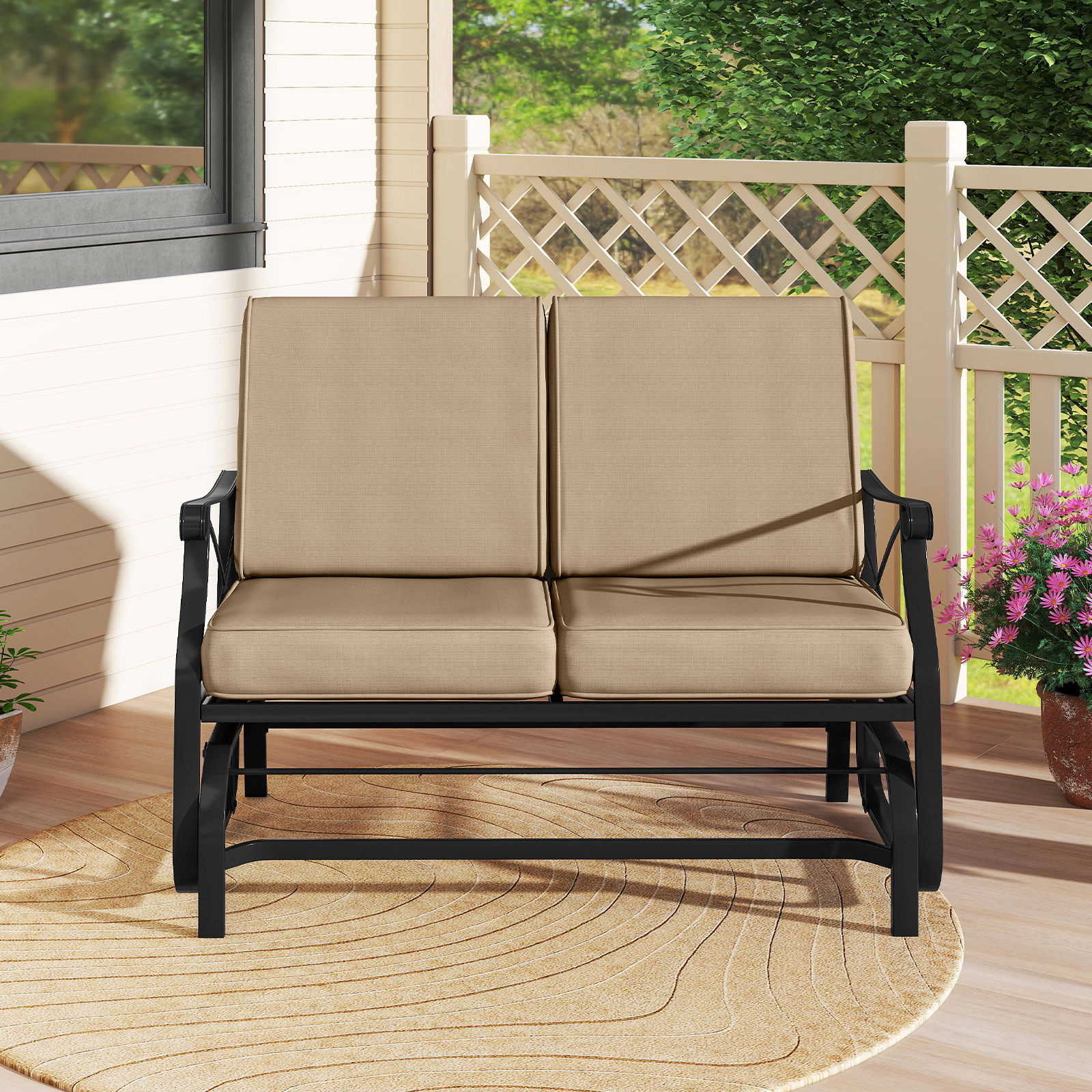 LJG Outdoor 2-Person Glider Rocking Chair Loveseat with Thick Cushions and Metal Frame