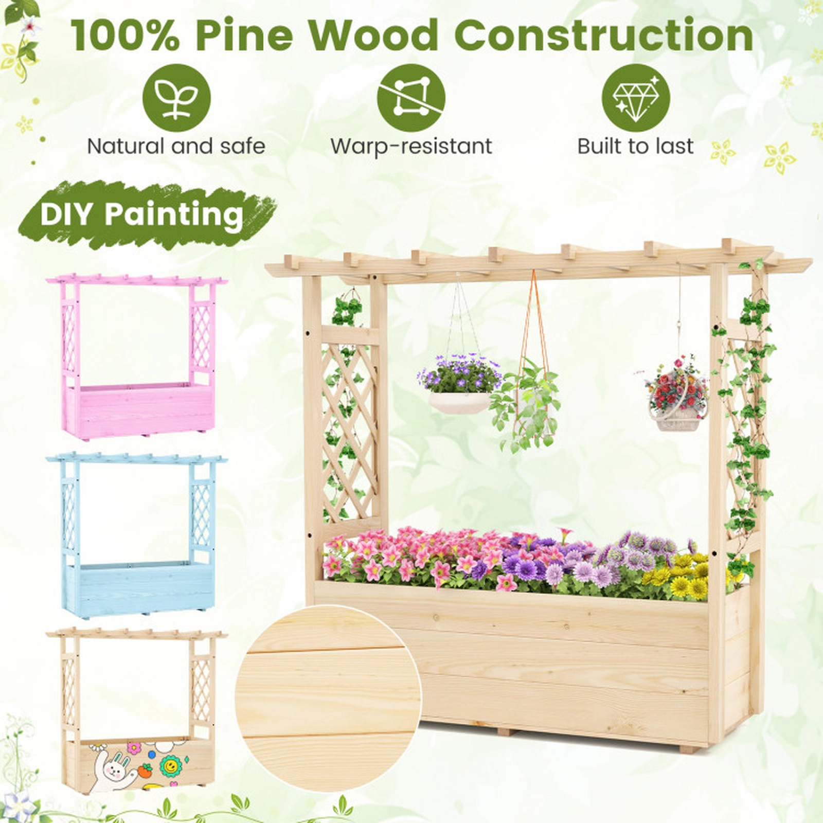 SUGIFT Raised Garden Bed Wooden Elevated Planter Box with Hanging Roof and Trellis 41-in Tall Natural Pine Wood 1-Pc