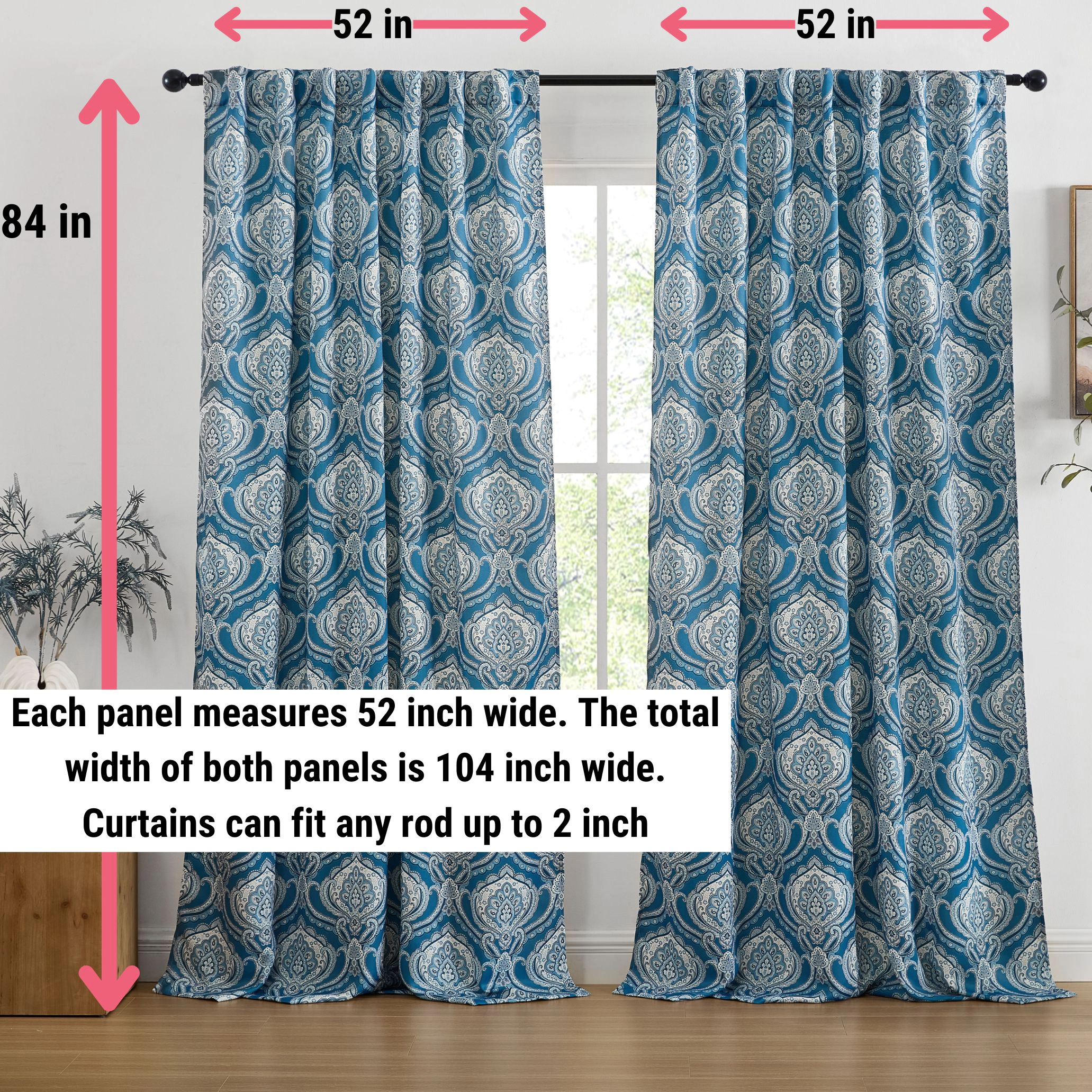 HLC.ME Messina Paisley Damask Patterned Back Tab Rod Pocket Curtains - Light Blocking Darkening Window Panels, Set of 2