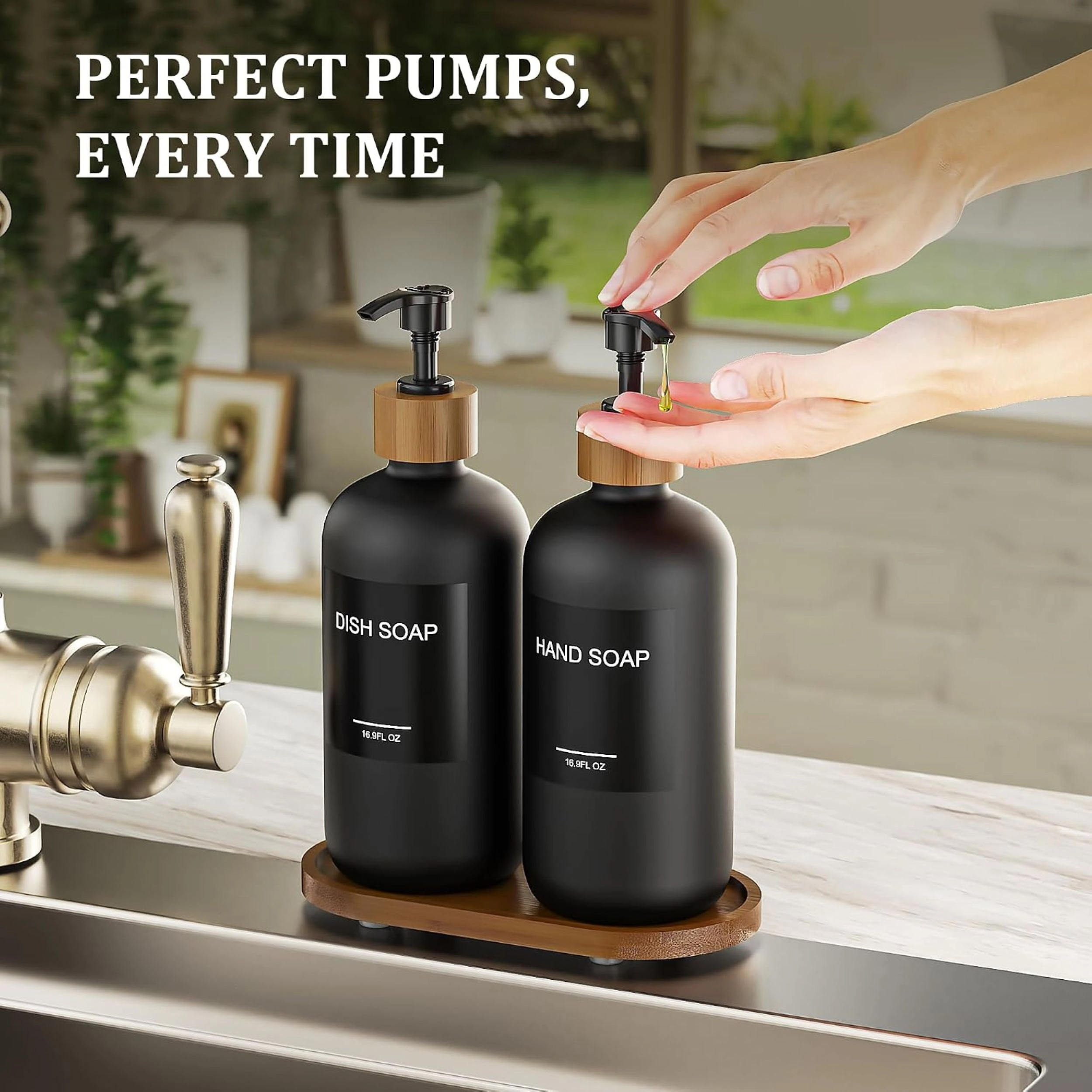 Stock Preferred Pack of 2 Soap and Lotion Dispenser Set with Wooden Pumps Tray