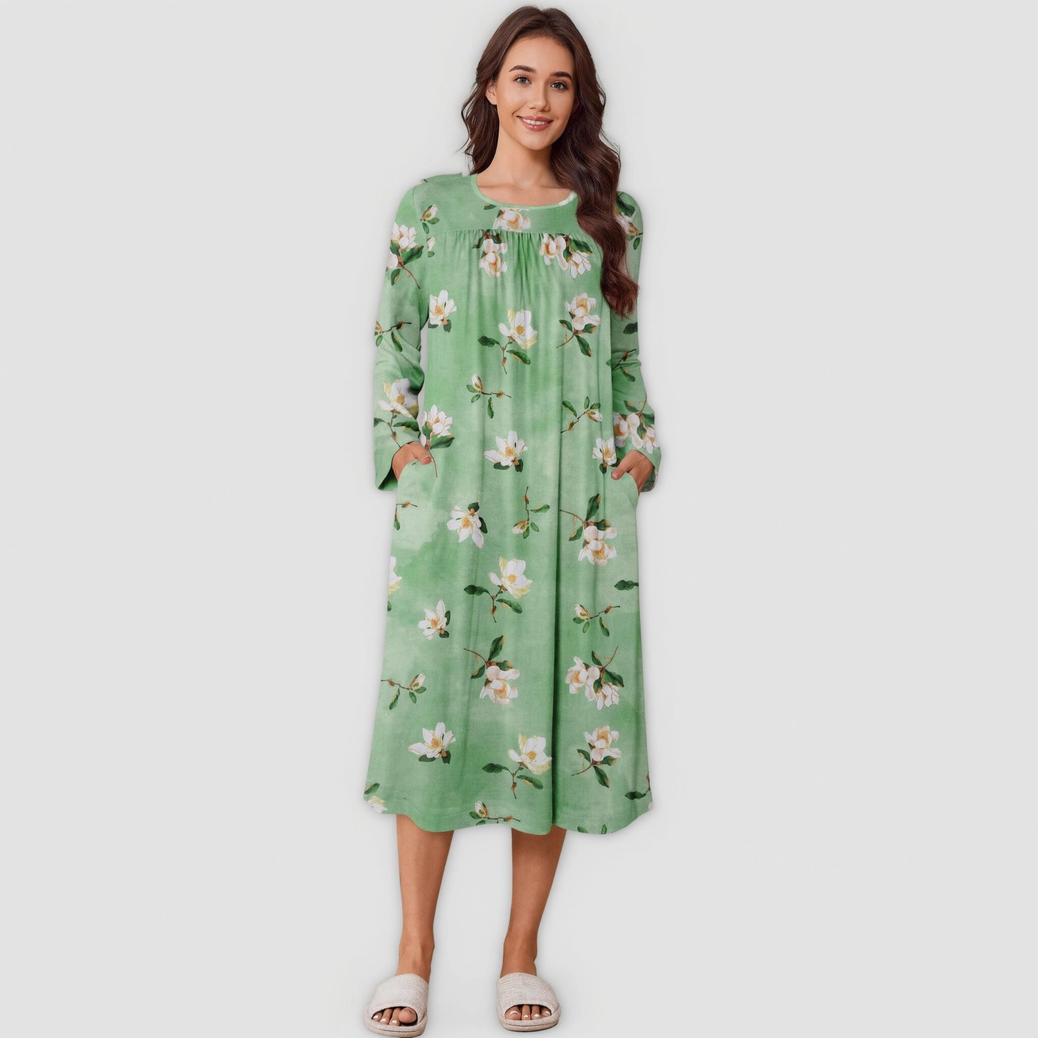 Pinspark Womens Long Sleeve Floral Dress Fall Pleated Casual A-Line Midi Dresses
