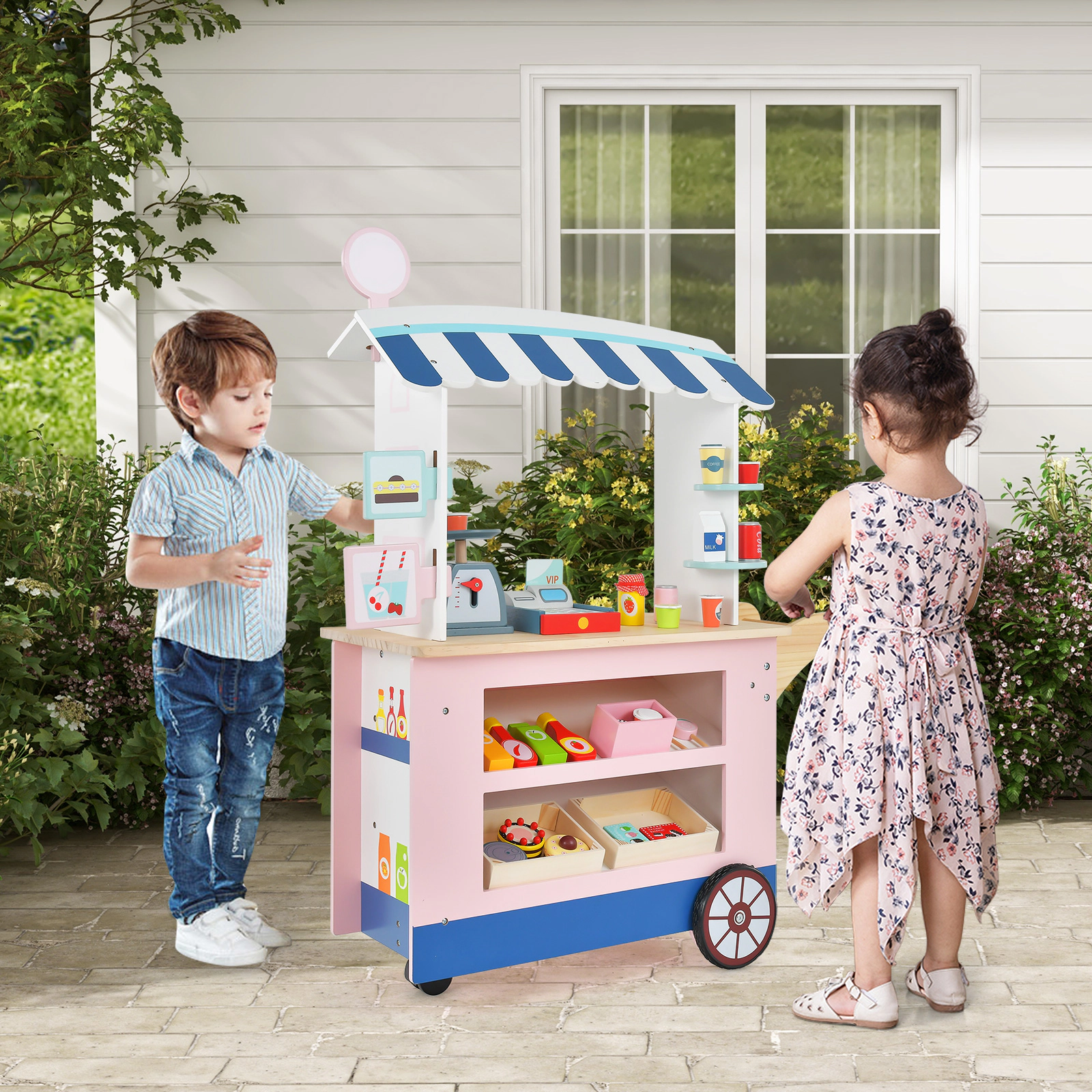 Wooden Toy Market Cart POS Machine Scale Canopy 30-pc Accessories 29.5-in Kids Grocery Store Stand on Wheels Ages 3+