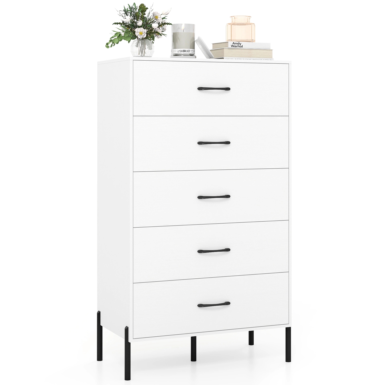 Glintex 49.5-Inch Tall 5-Drawer Chest with Metal Legs and Anti-Tip Kits, White