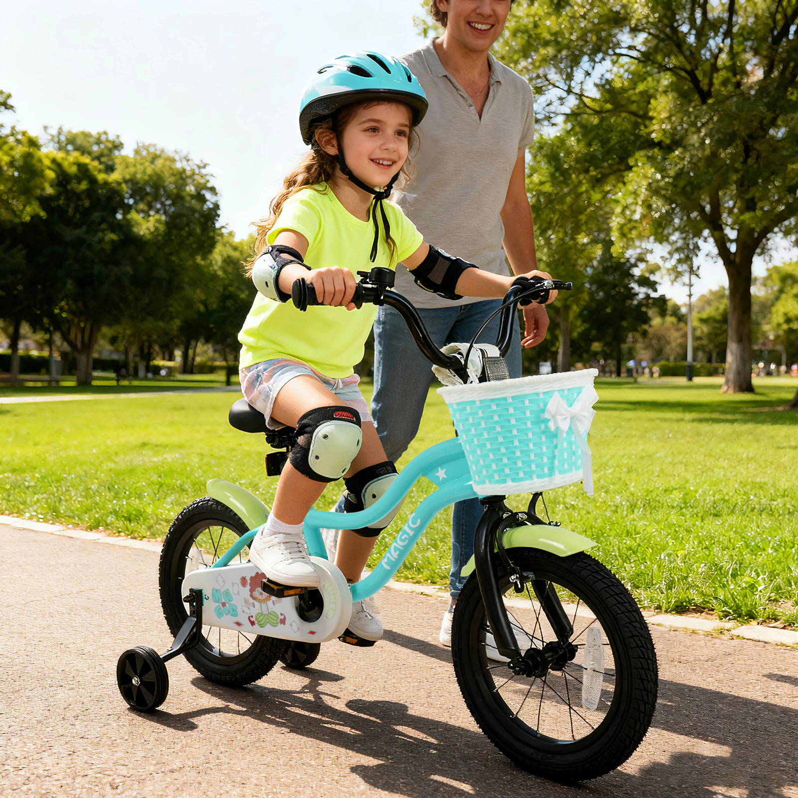SUGIFT Green Training Wheels Front Basket and Adjustable Handlebar Kids Bike