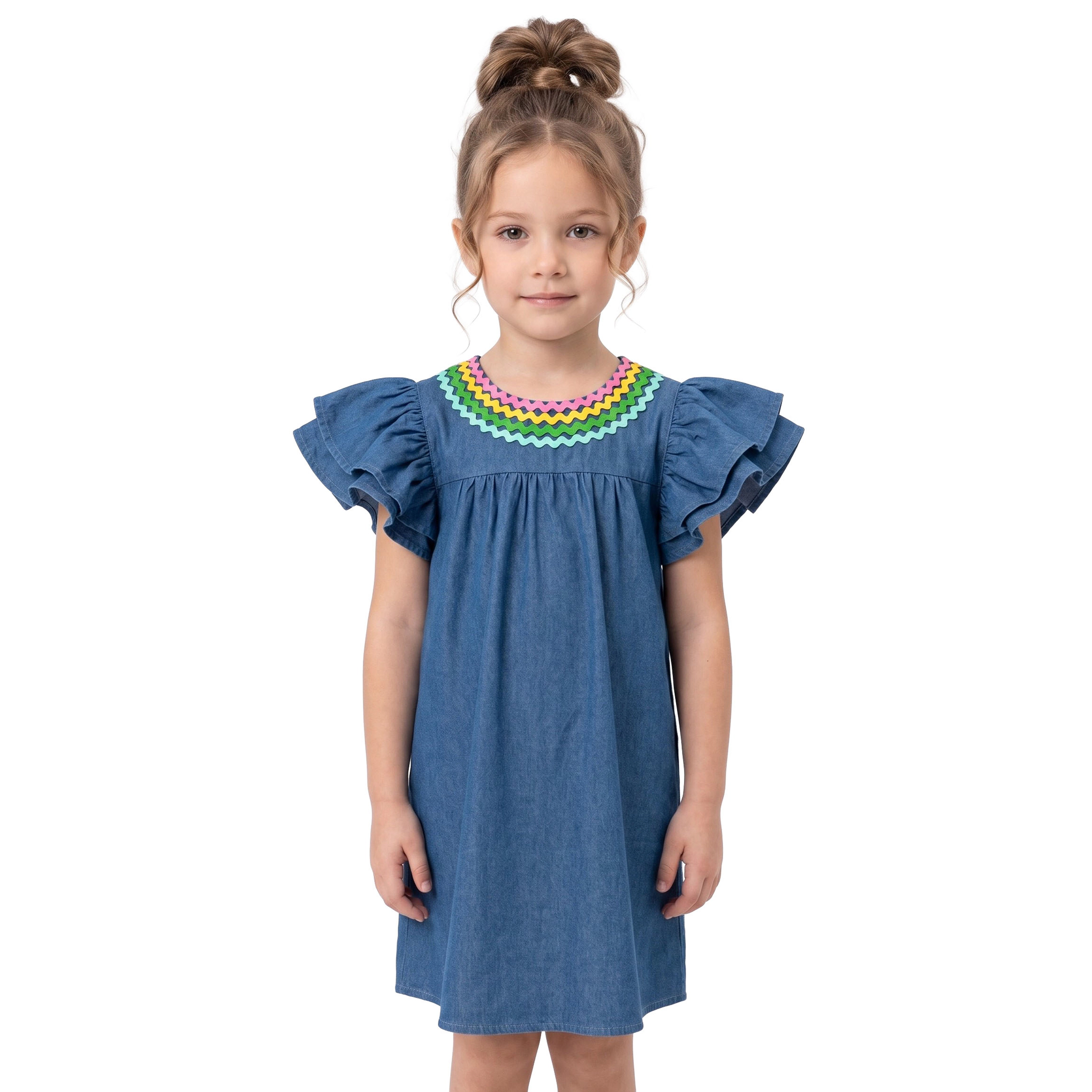 2Bunnies Girls 4T-8Y Rainbow Ric Rac Denim Flutter Sleeve Dress