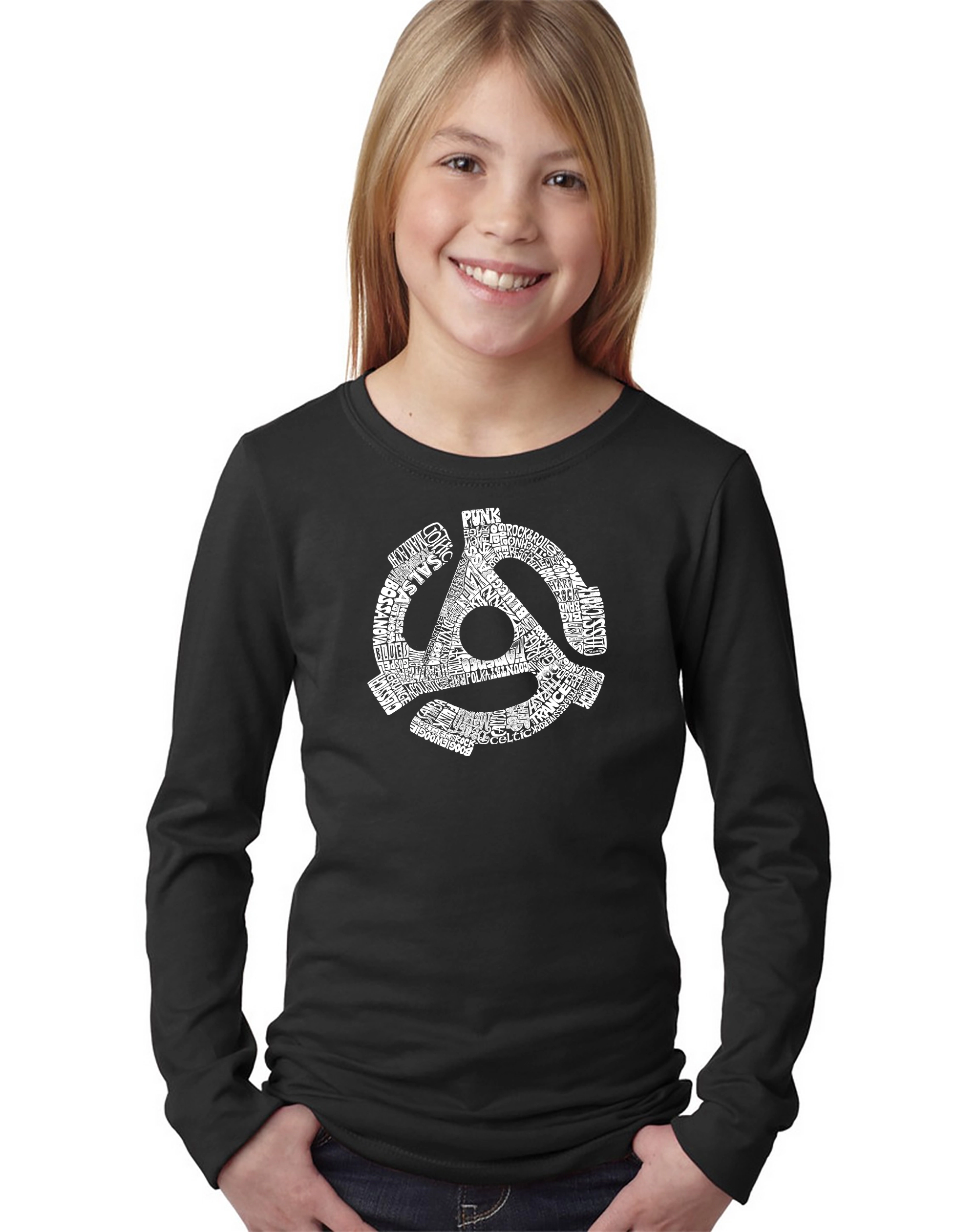 LA Pop Art Girls Long Sleeve Word T-Shirt - Record Adapter