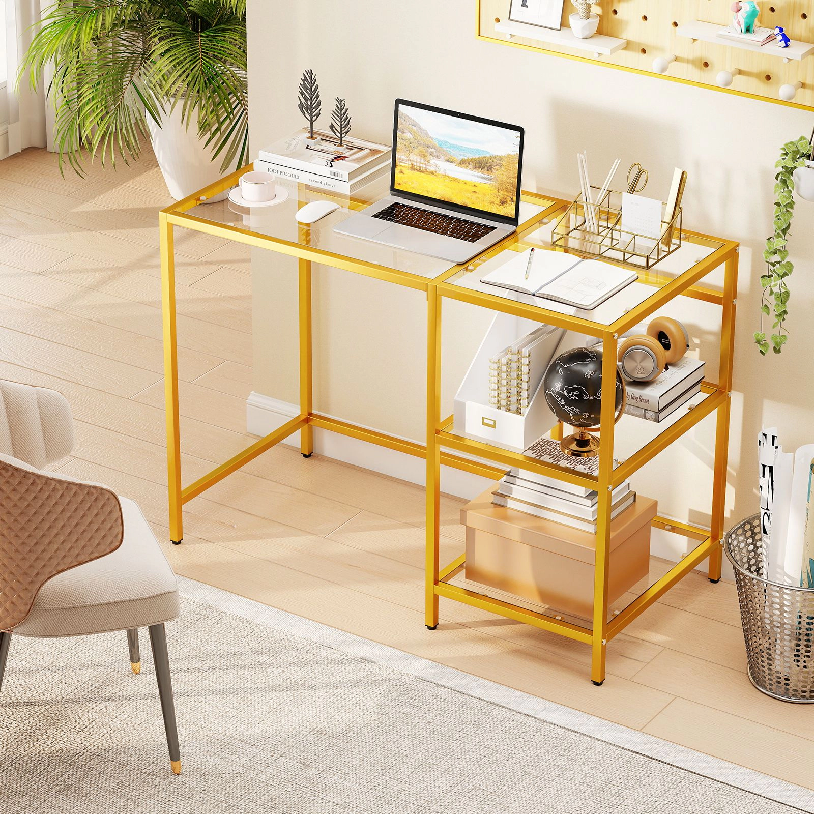 SlickBlue 42 Inch Glass Console Table with 2 Tier Storage Shelves