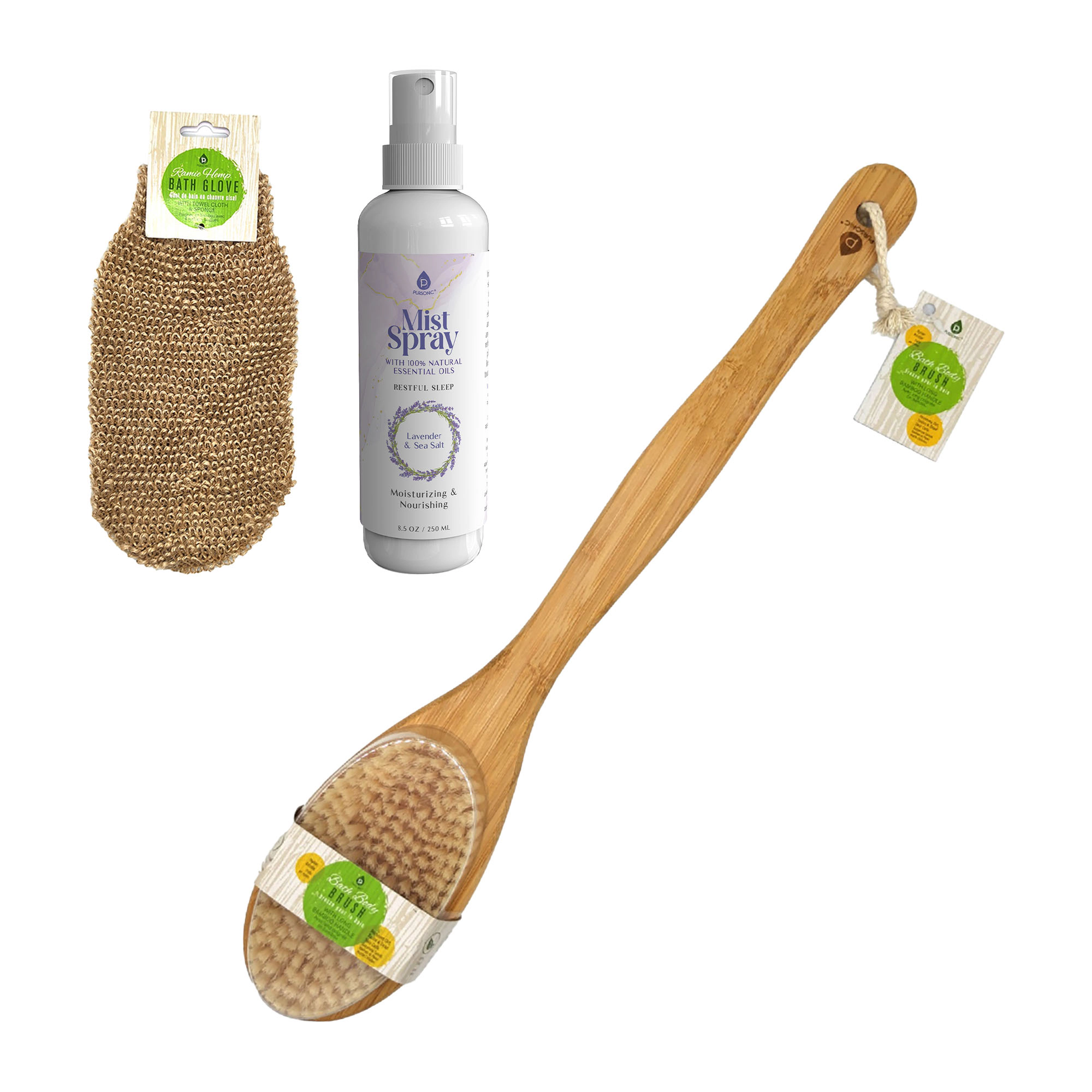 Pursonic Unisex Spa & Bath Care Bundle: Lavender Mist Spray, Exfoliating Gloves & Bamboo Body Brush