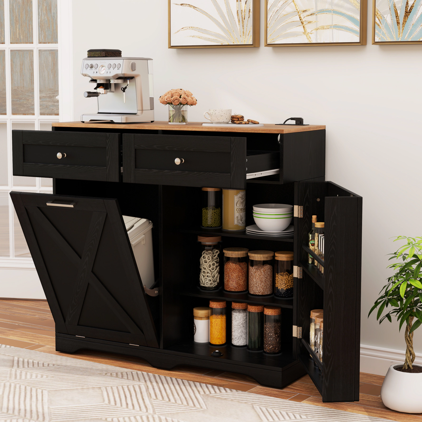 LJG Tilt Out Trash Can Cabinet with Outlets and Adjustable Shelf