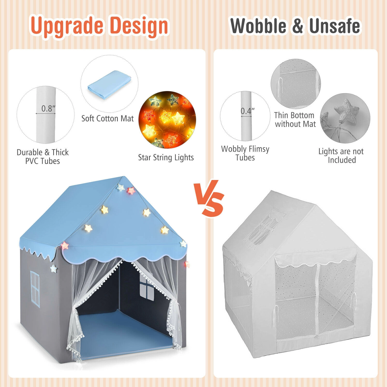 SUGIFT Kids Playhouse Tent with Colorful Star Lights and Cotton Mat Mesh Windows Blue