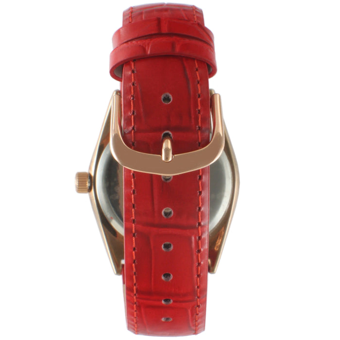 Peugeot Women 36mm Red Fluted Bezel Watch with Leather Strap - Mother of Pearl Dial