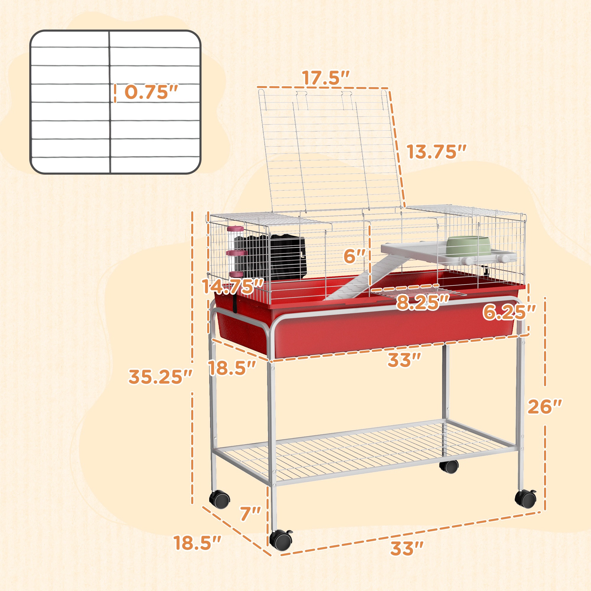 HONGGE Two-Story Small Animal Cage Removable from Stand, Pet Habitat with Shelf & Wheels