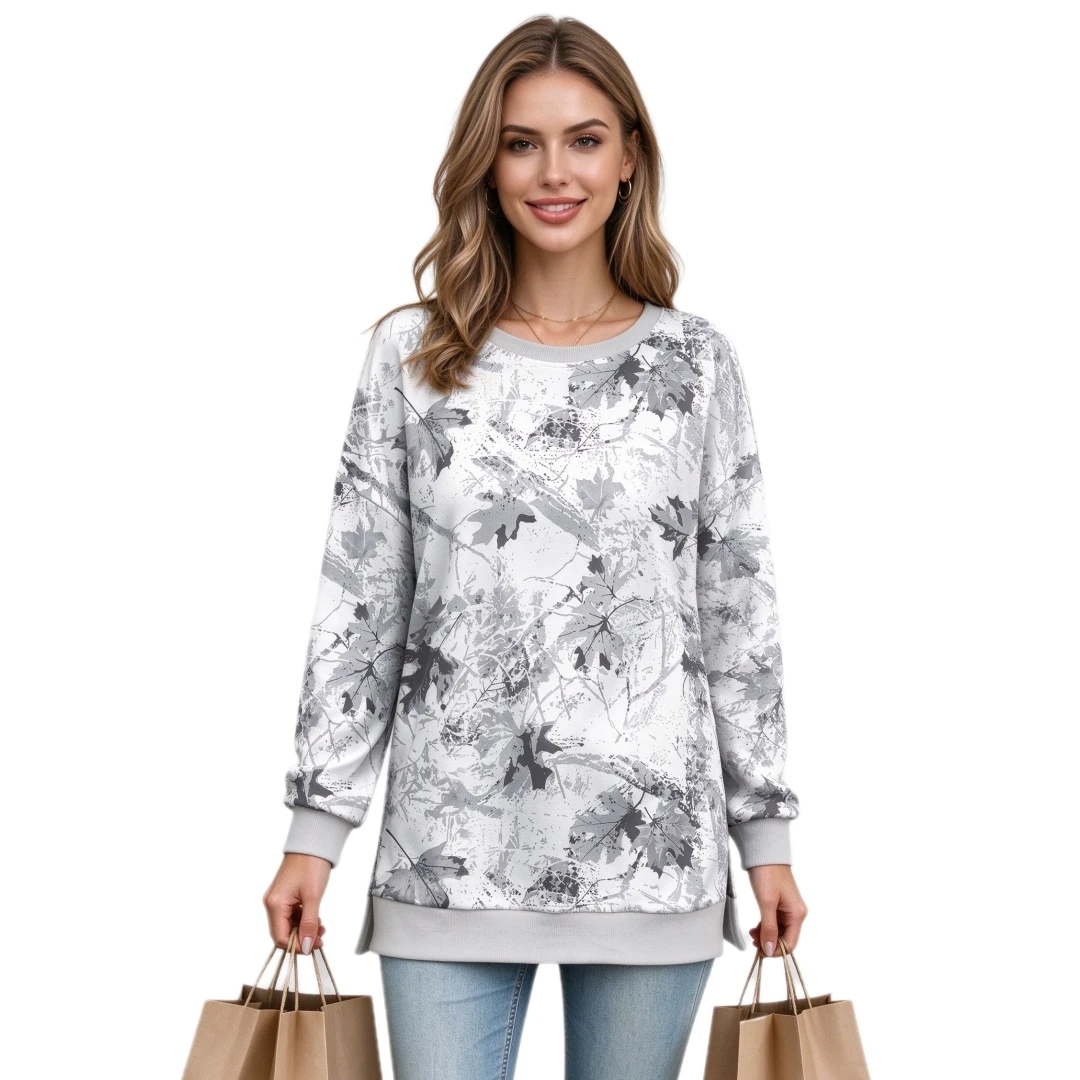 Coolmee Women's Color Block Printed Loose Long Sleeve Ribbed Round Neck Sweatshirt Top All Season