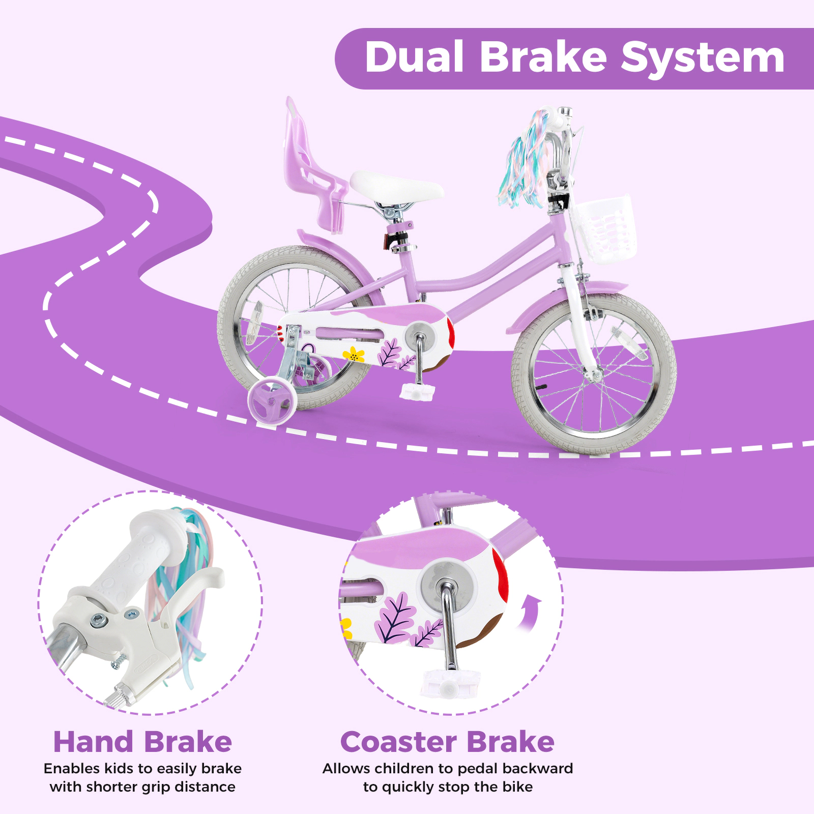 SUGIFT Purple Doll Seat Streamers Training Wheels and Front Basket Girls 16 Inch Bike