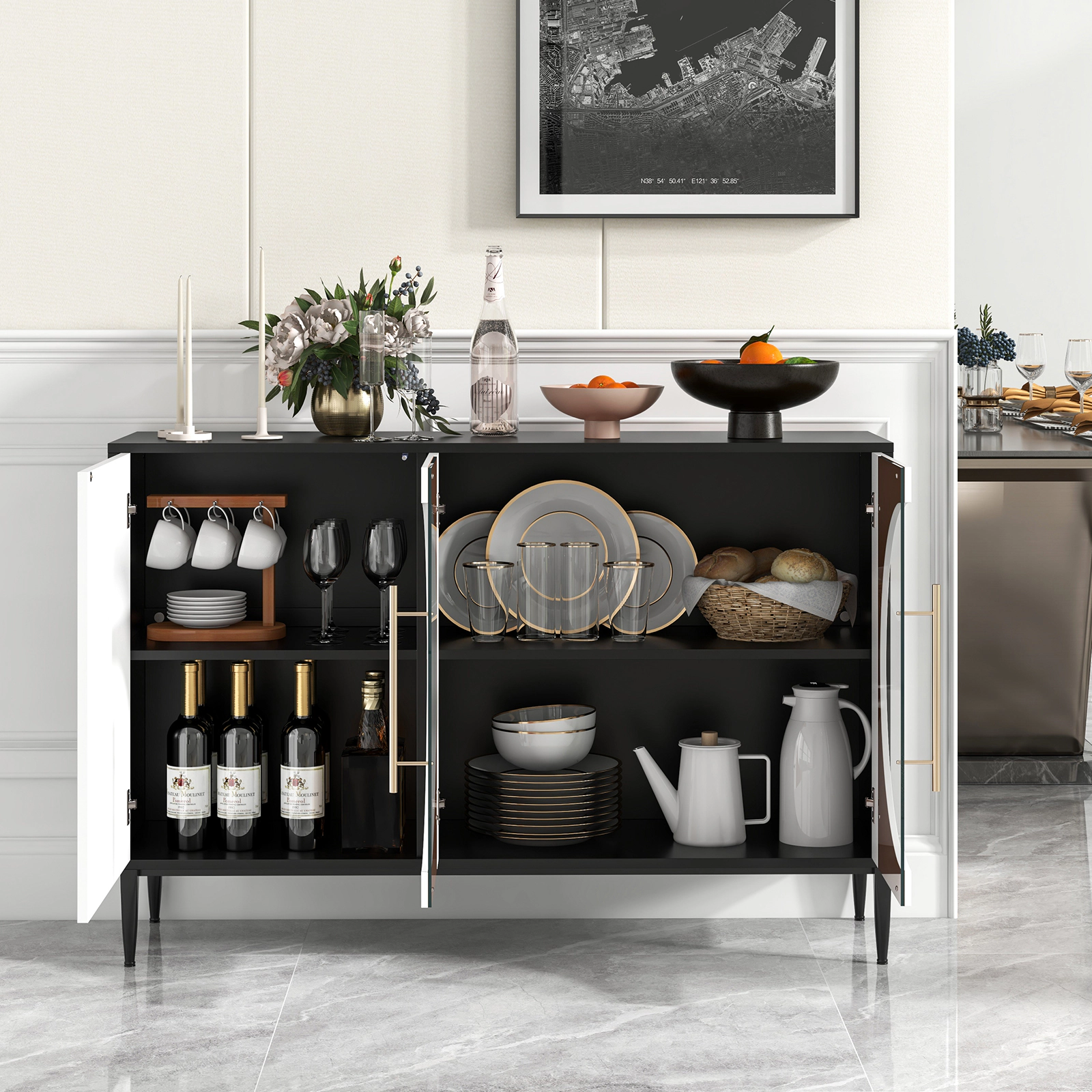 SUGIFT 47-in 230-lb Capacity White Sideboard Cabinet with Tempered Glass Doors 3-Position Shelves and Metal Legs