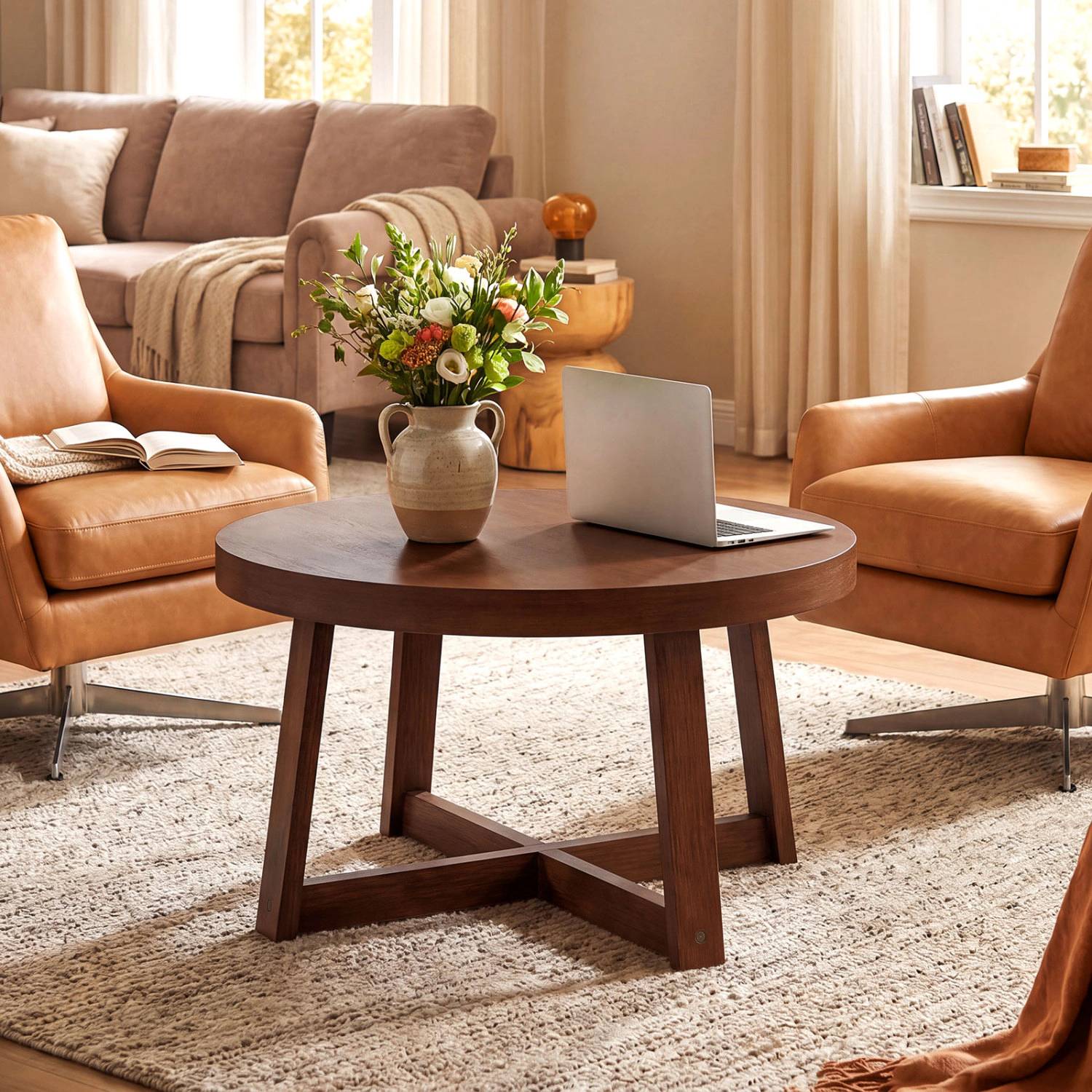 LJG Round Coffee Table for Living Room 30 Inch Farmhouse Accent with Study Rubber Wood Legs