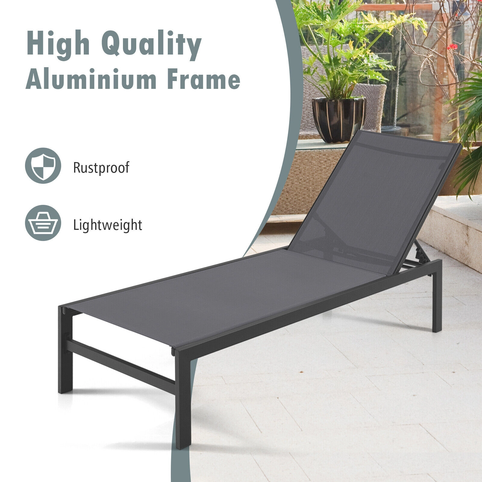 SUGIFT 6-Position Adjustable Chaise Lounge Chair with Rustproof Aluminum Frame 300-lb Capacity 78-in Length Gray