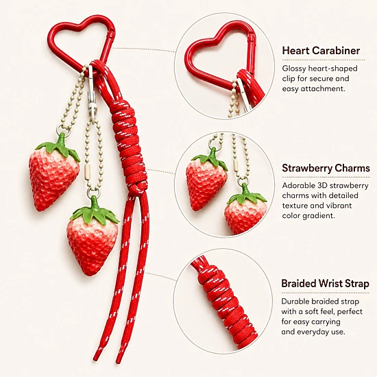 Alilang Women's 3D Strawberry Bag Charm Keychain with Heart Clasp and Braided Cord Tails, Lime Green