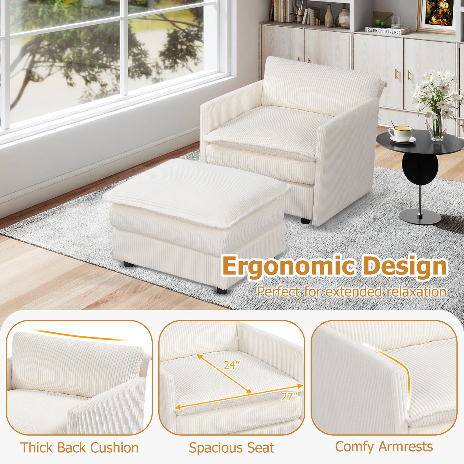 Hivvago Plush Corduroy Oversized Armchair with Matching Ottoman