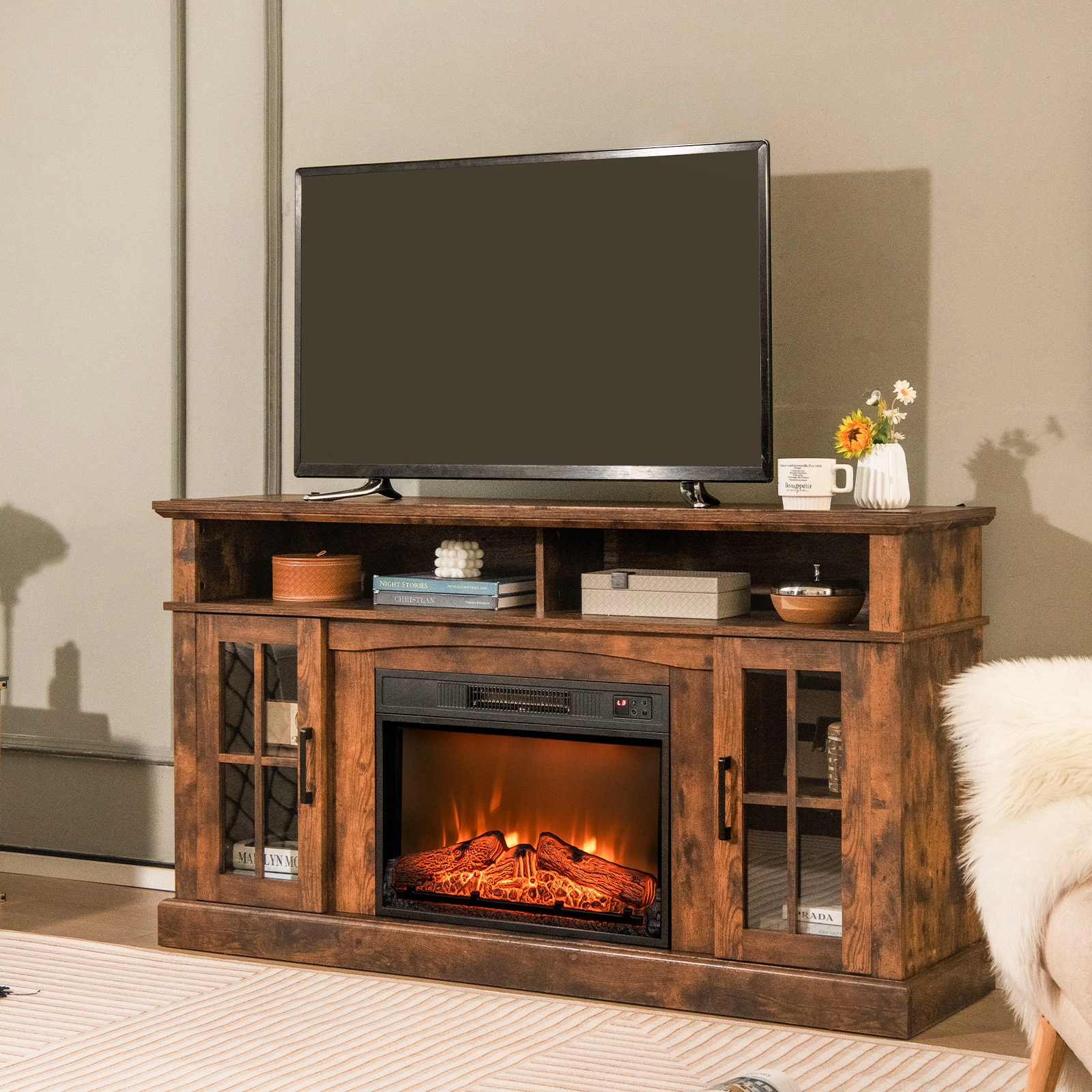 SUGIFT 3-Level LED Flame Electric Fireplace Insert 23-Inch Black Iron Glass with Remote Control and 5,000 BTUs